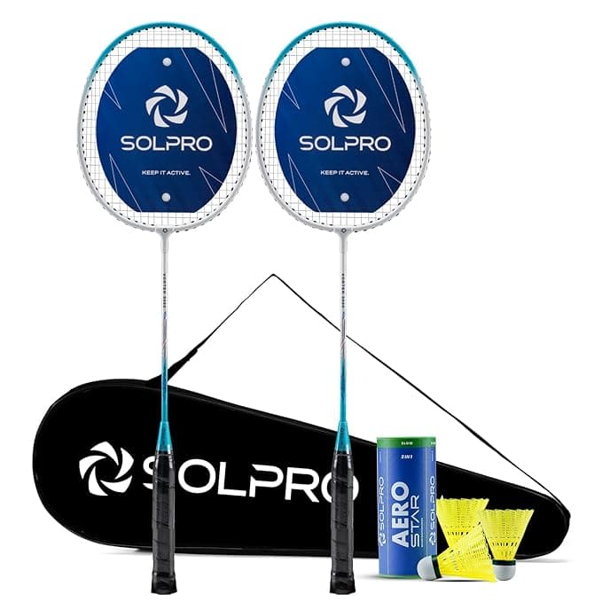 SOLPRO VORTEK 3000 Badminton Racket Set (2 Pcs) with 3 Shuttlecocks for Beginners & Intermediate, Adult & Kids with Full Cover Bag, Lightweight Durable Racket for Practice & Match (White/Blue)