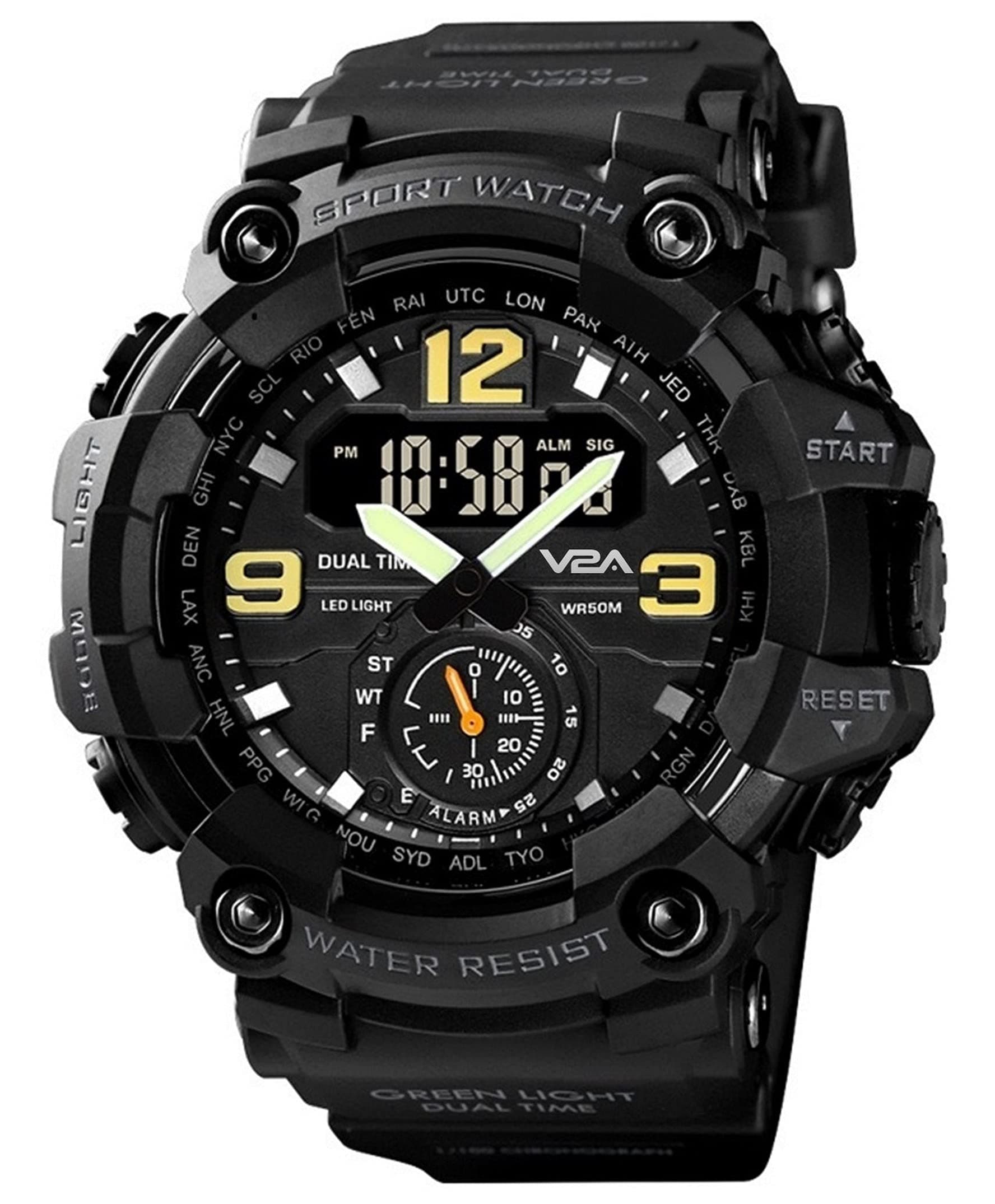 V2A Resin Fighter Analog Digital Sport Watch With Midnight Black Dial for Men and Boys, Black Band