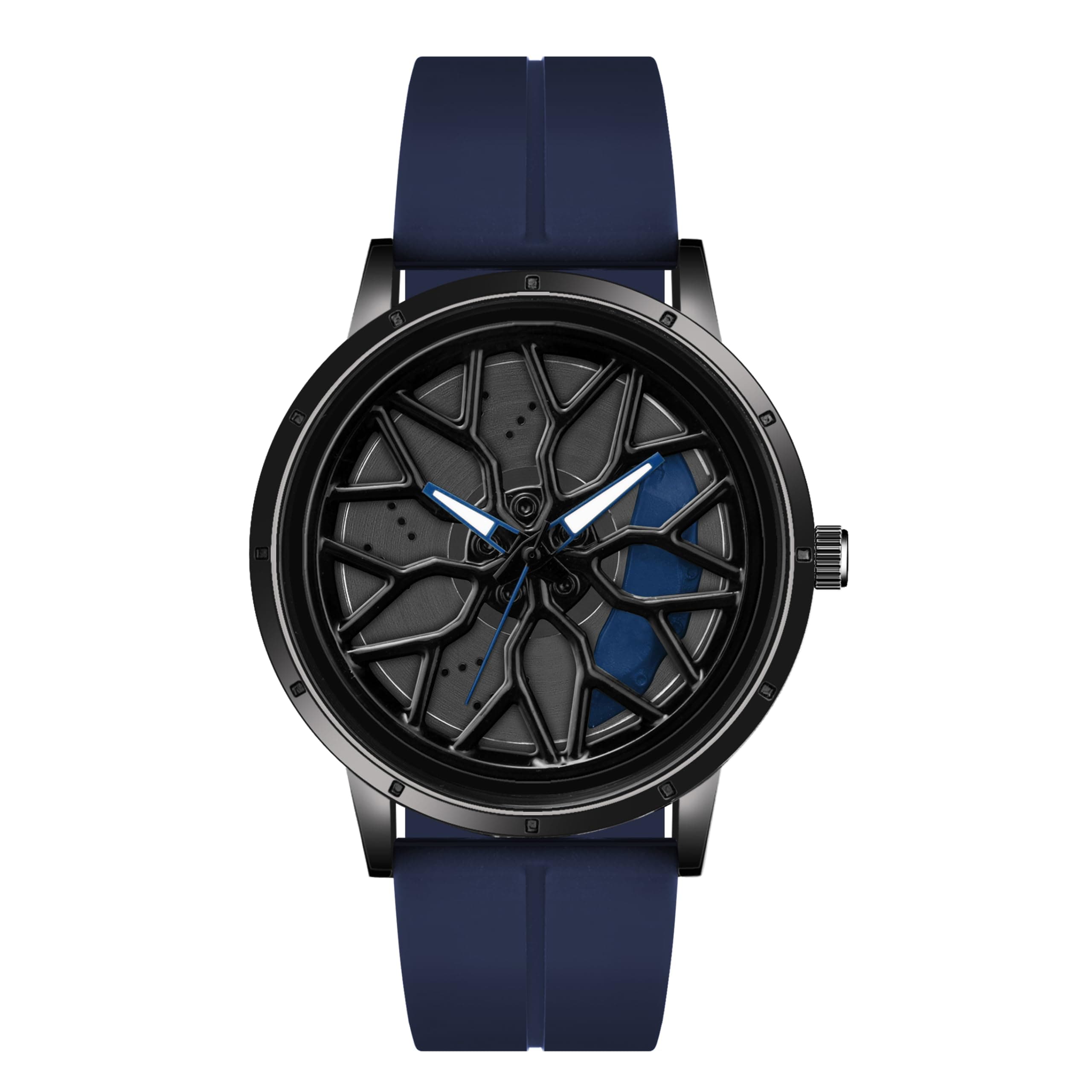 Shocknshop RevolveX Rotating Hollow Wheel Hub Creative Fashion Analog Silicone Magnetic Strap Wrist Watch for Men Boys (Black Dial Blue Strap) -WCH368