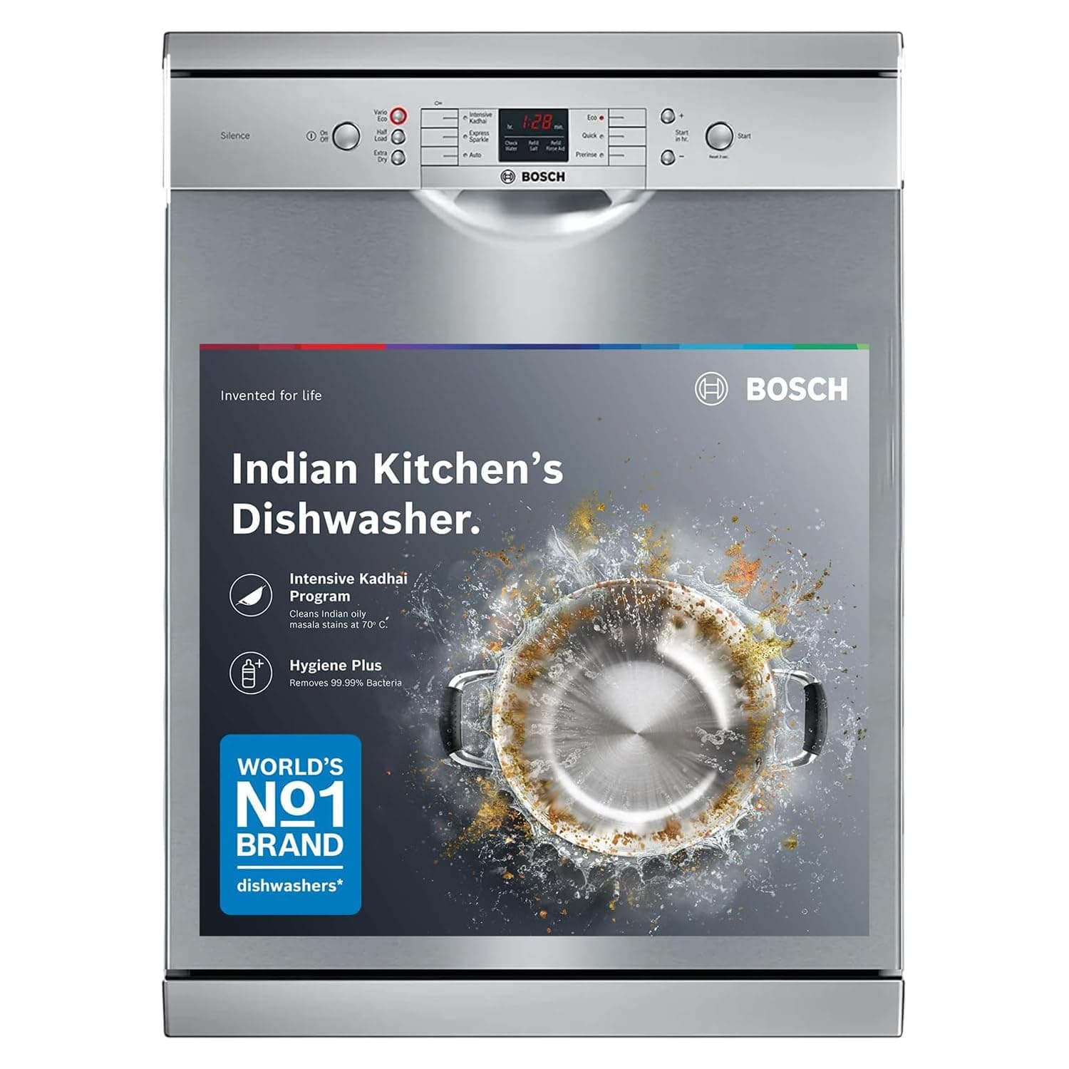 Bosch 13 Place Setting (fits up to 70 utensils) Free-Standing Dishwasher for Indian Utensils | Hygiene+ & Intensive Kadhai Program (SMS66GI01I, Inbuilt Heater, Removes 99.9% Germs, Silver Inox)