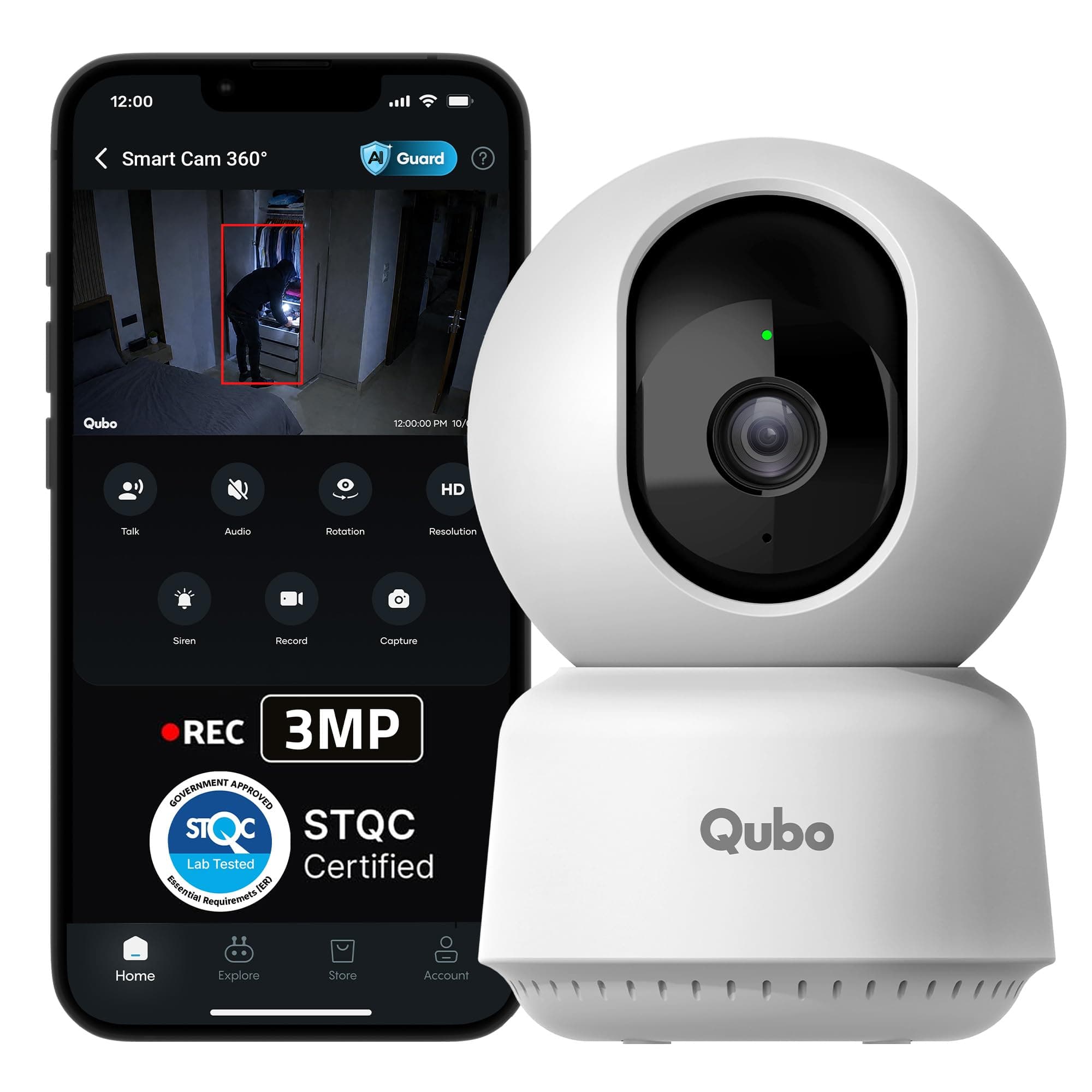 Qubo Smart Cam 360° 3MP | No SD Card Required, Records Directly on Cloud | 2026 Edition - by Hero Group | STQC Certified | AI Person Detection | Intruder Alarm | Night Vision | Two-Way Talk
