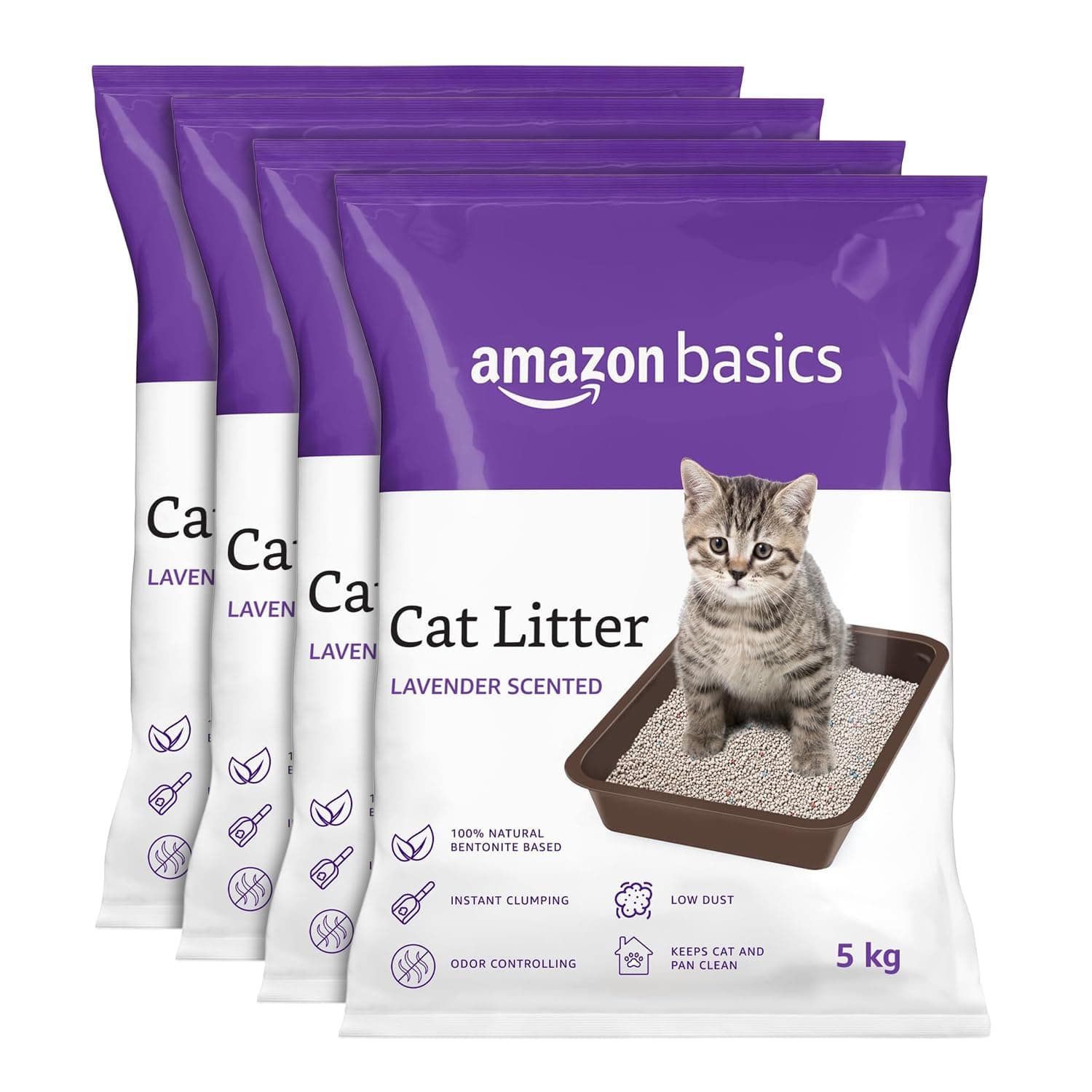 Amazon Basics Scoopable Smart White Bentonite Scented Cat Litter | 20 Kg | 5 Kg X 4 Packs | Organic | from Turkey | Dust-Free | Lavender Fragrance