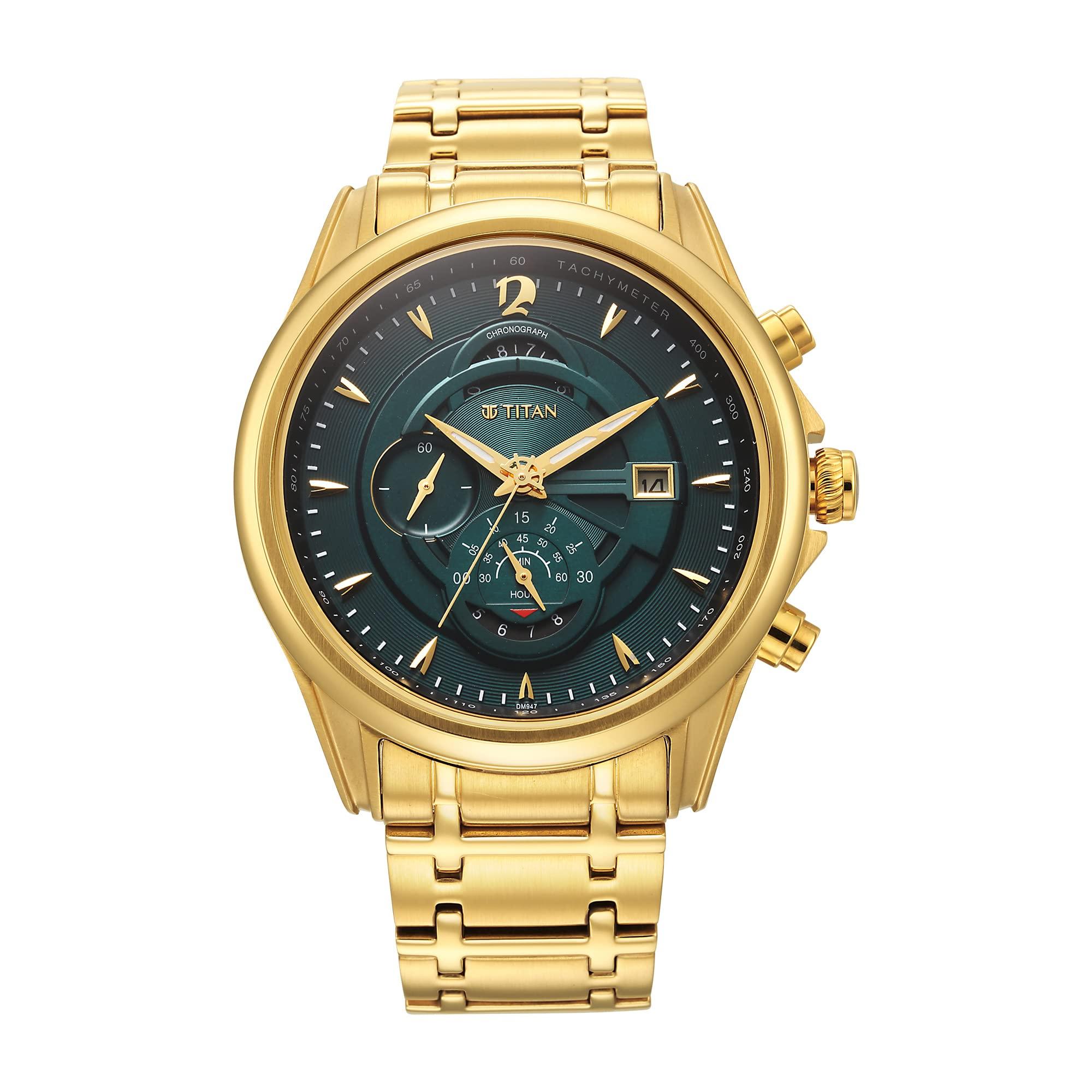 Titan Regalia Premium Quartz Chronograph with Date Forest Green Dial Gold Stainless Steel Strap Watch for Men - NT1830YM02