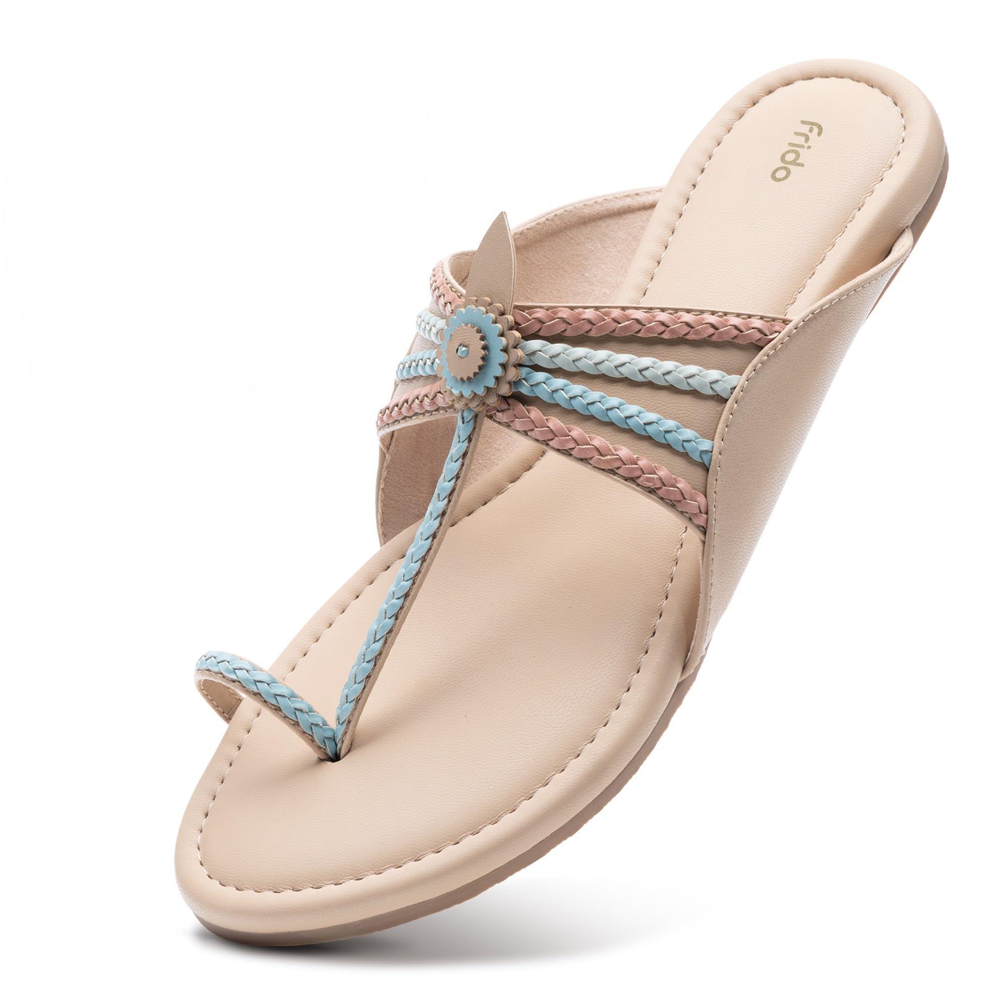 Frido Women's Ethnic Comfort Flat Sandal | Traditional Kolhapuri Footwear | Cushioned Comfort Sandals for Women | Anti-Skid Zero-Drop Sole | Stylish Flats with All-Day Support | Pastel Multi