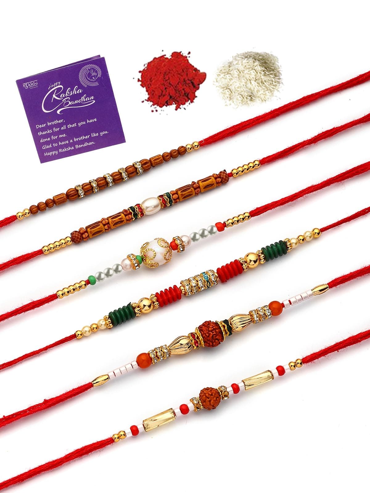 Sukkhi Rakhi Handmade Gold Plated AD Stones & Beads with Rudraksha Multicolor Rakshabandhan Combo Rakhi for Brother with Roli Chawal & Greeting Card|Set of 6|CBRAK107452