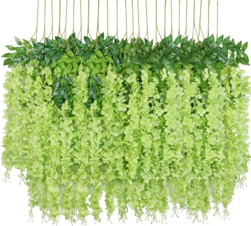 VRB Dec Pack of 12 (43.2Ft) Artificial Wisteria Vine| Ratta Fake Wisteria Hanging | Garland Silk Long Hanging Bush Flowers String for Home Party Wedding Decor (Green, 12)