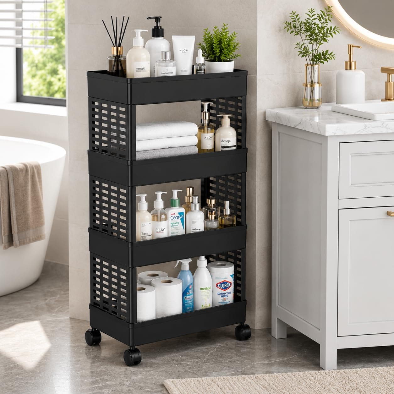 KAVIRA Multipurpose Storage Organizer Slim Rack Shelf with Wheels or Living Room or Office or Bed Room, Bath Room, Kids Room, Kitchen Trolley (Black, 4L)