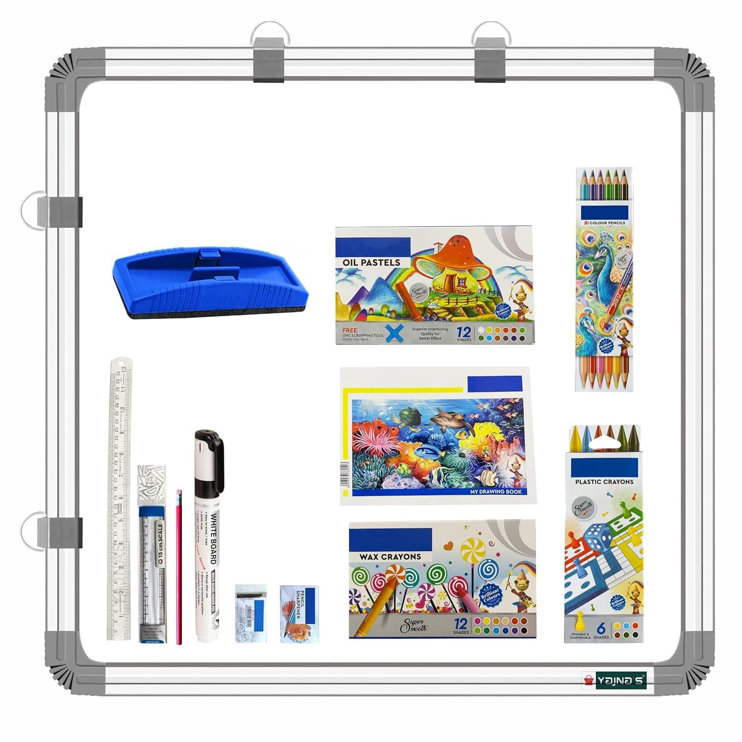 YAJNAS Non Magnetic 2x2 Feet Double Sided White and Chalk Board Both Side Writing Boards, one Side White and Reverse Side Chalk Board Surface (2x2 Beginners Art Combo Kit)