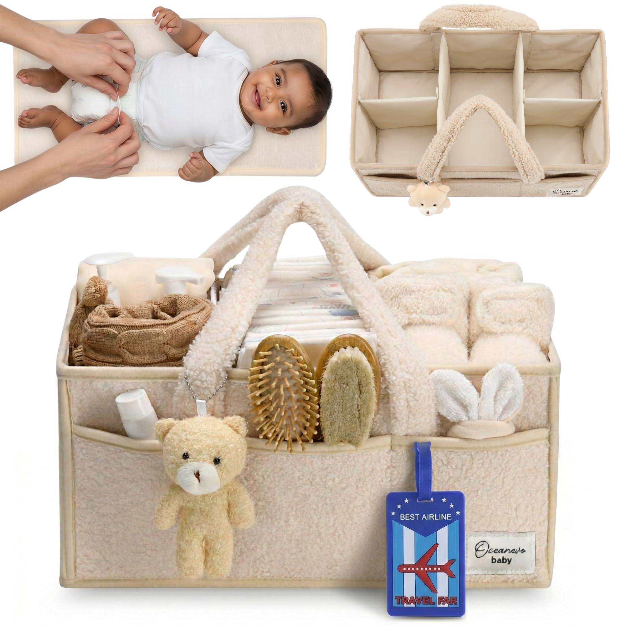 OCEANEVO Fur Diaper Caddy Organizer Bag | WITH Diaper Changing Mat, Bag Charm and Luggage Tag | New Born Baby Essentials | For Mothers for Travel - 38 x 25 x 18 cm - Beige - 1 Year Warranty