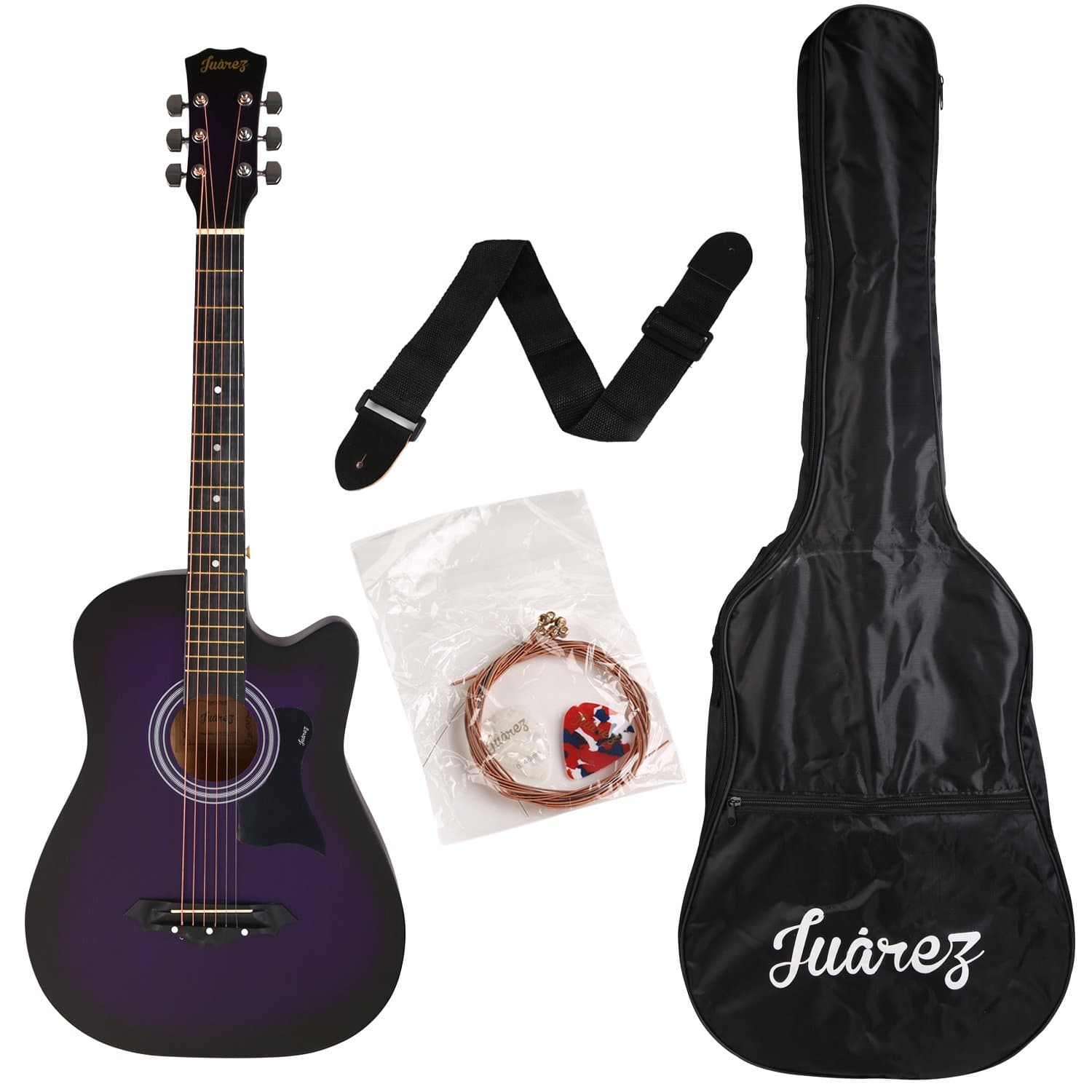 Juârez JRZ38C/VTS 6 Strings Acoustic Guitar 38 Inch Cutaway, Right Handed, Violet/Purple with Bag, Strings, Picks and Strap
