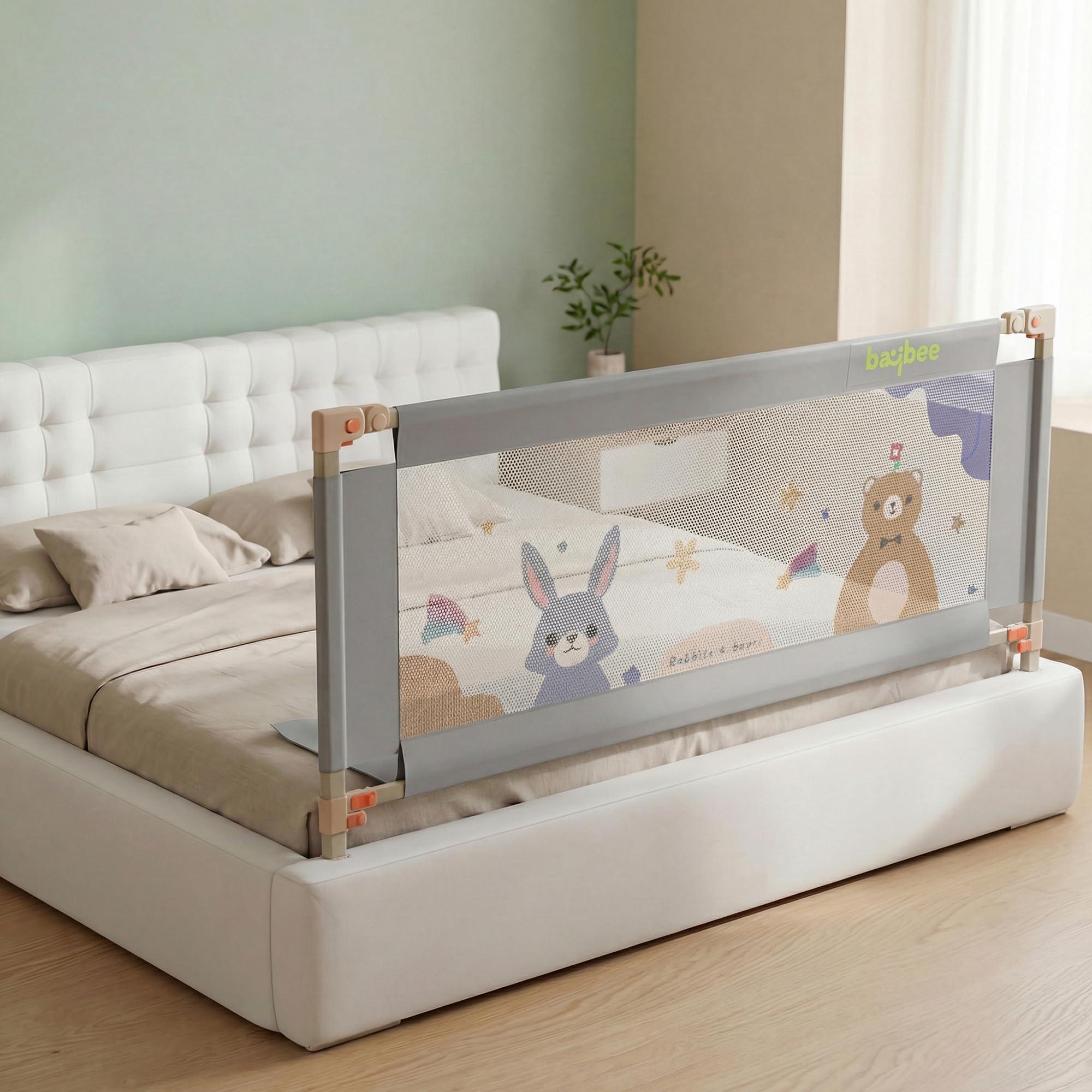 BAYBEE Bed Rail Safety Guard for Kids | Bed Railing for Baby Safety Fence with 28 Level Height Adjustable & Portable Bed Side Protector from Baby Falling Guard (5Ft, 1 Side, Light Grey)