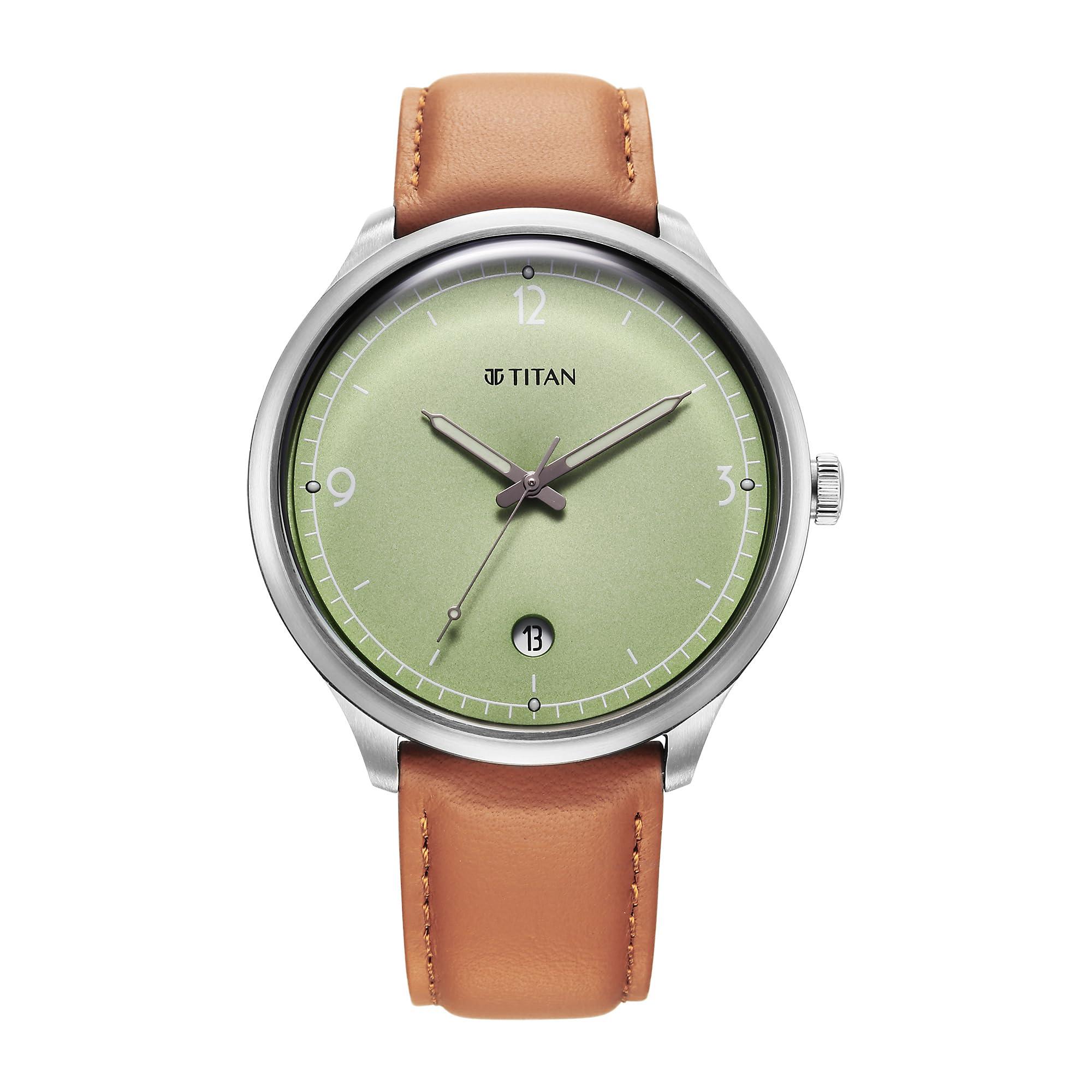 Titan Timeless Treasures Quartz Analog with Date Green Dial Brown Leather Strap Watch for Men - 10023SL01