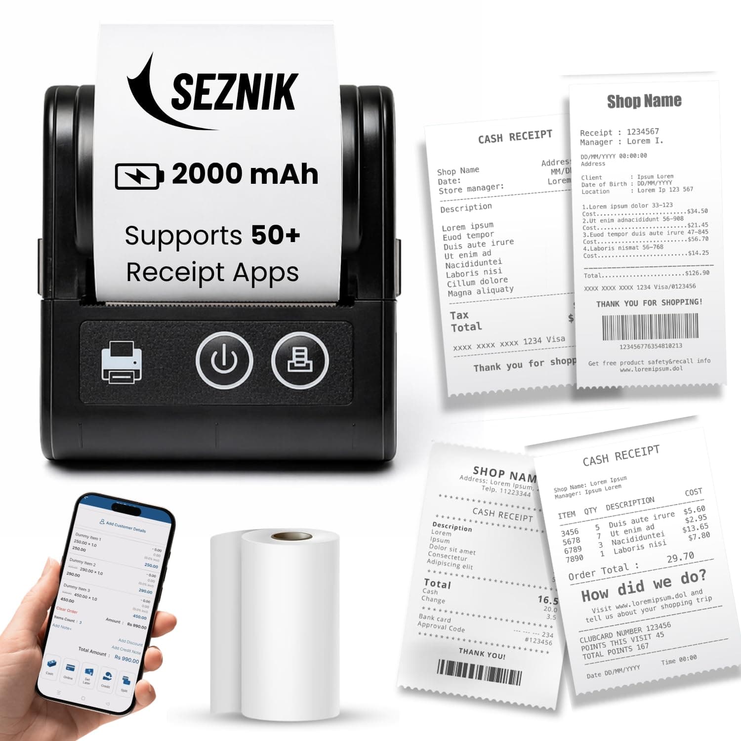 SEZNIK Veer 58mm (2 Inch) Portable Receipt Printer | ESC/POS KOT Billing | Bluetooth+USB | 2000mAh Rechargeable | Android/iOS/Windows | Retail/Restaurant | 50+ Apps | Swiggy/Zomato | 1 Year Warranty