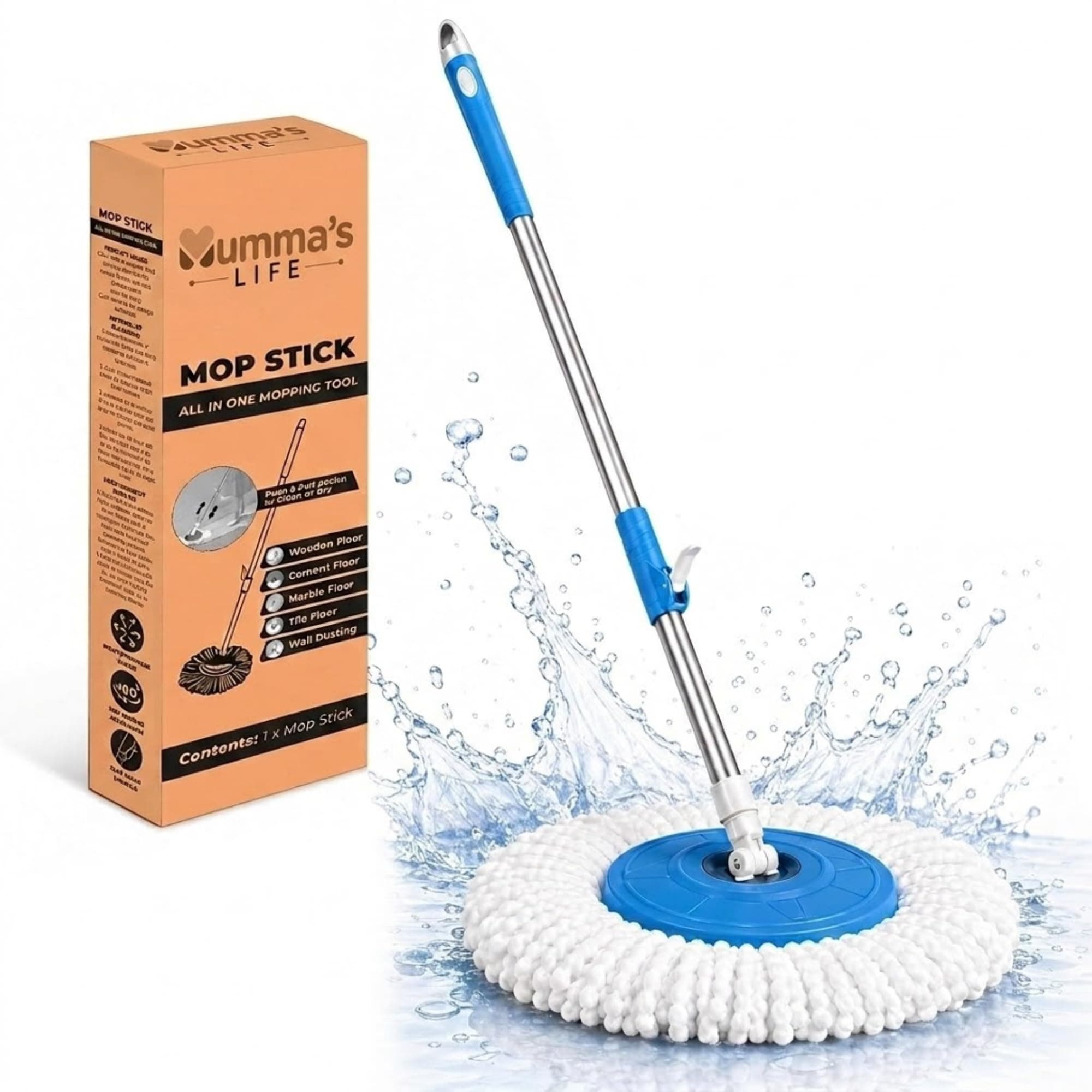 Mumma's LIFE Bucket Spin Mop Stick Rod with Microfiber Refill Pocha Cleaner 360° Adjustable Easy Grip 42 Inches Long Metal Handle for Wet Floor Household Industrial Cleaning & Mopping (Random Color)