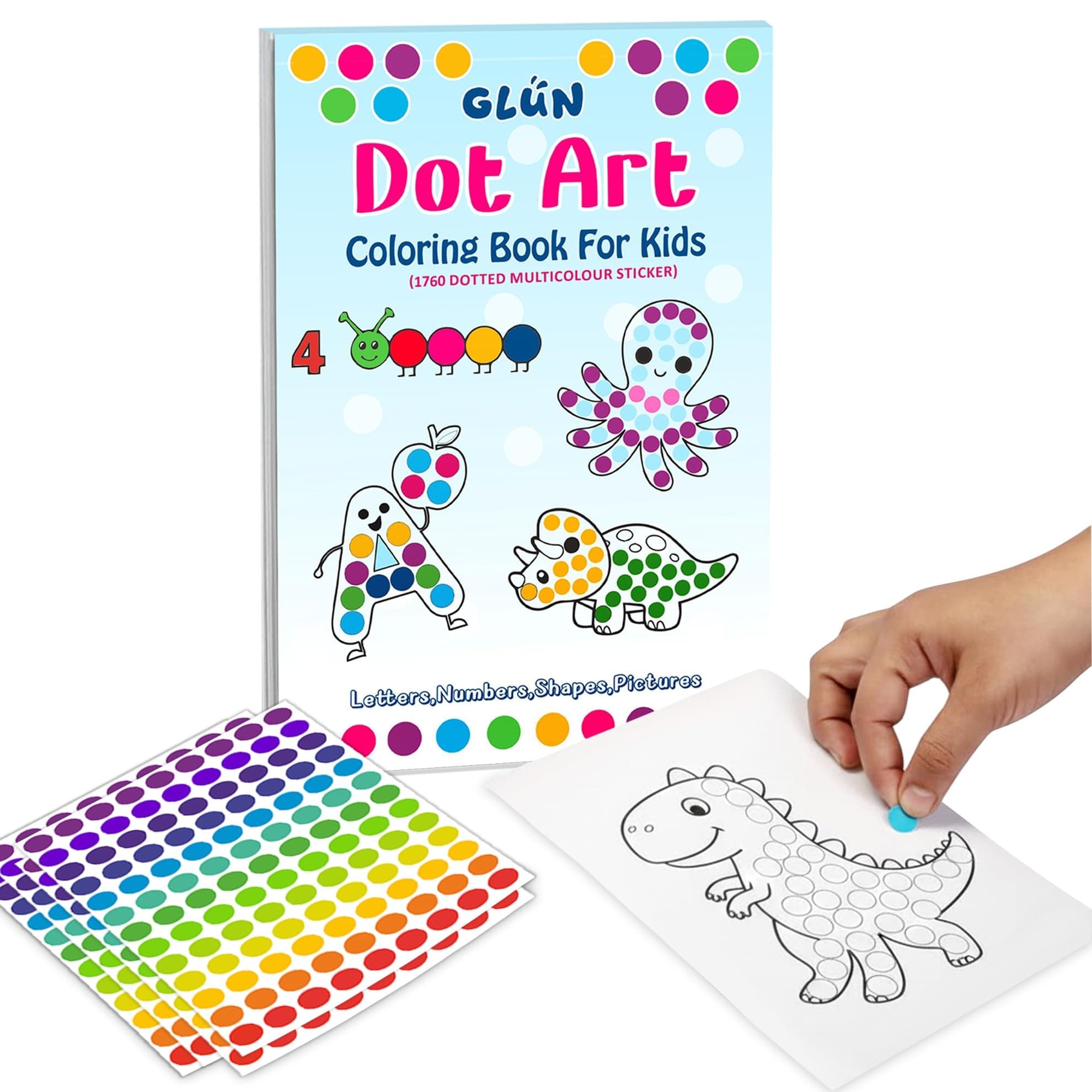 GLUN® Dot Stickers for Kids Activity Book, 1750+ Multicolour Dot Art Stickers with 34 Activity Pages, Educational Sticker Book for Toddlers, Learning Shapes, Numbers & Creativity Fun