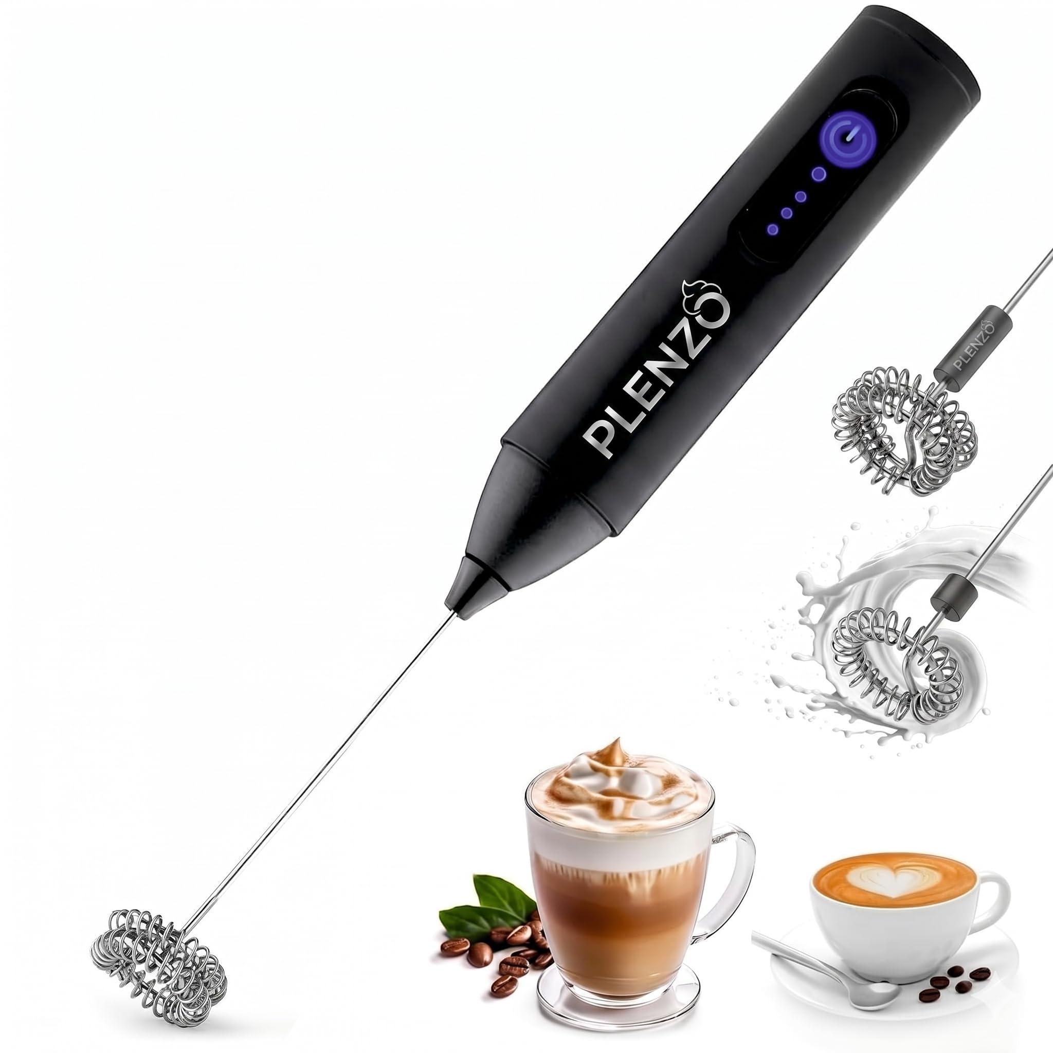plenzo Coffee Frother Electric with 3 Speed Modes, USB Rechargeable Stainless Steel Whisk for Coffee, Cappuccino and Matcha, Single Whisk Design