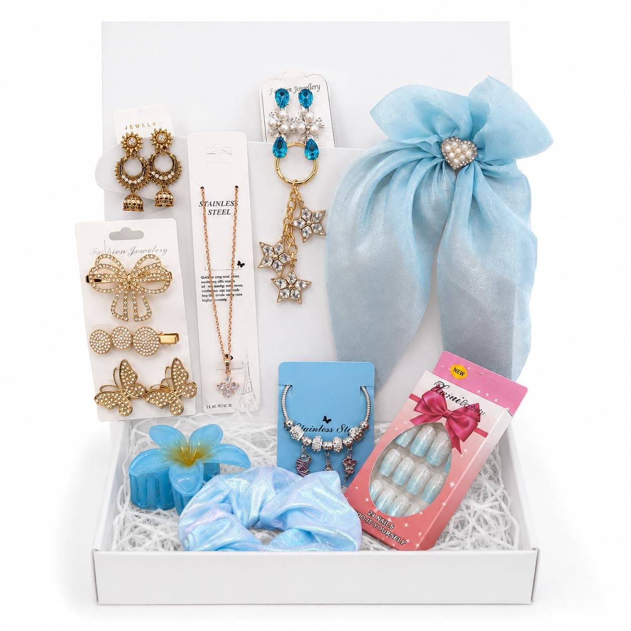 CSN - CUTE SHOPPING NETWORK Women's Gift Hamper, 10-Piece Jewelry & Hair Accessories Gift Set for Women, Pendant Necklace, Bracelet, Earrings, Hair Bow, Scrunchie, Hair Claw, Press-On Nails, Birthday, Rakhi Gift for Sister
