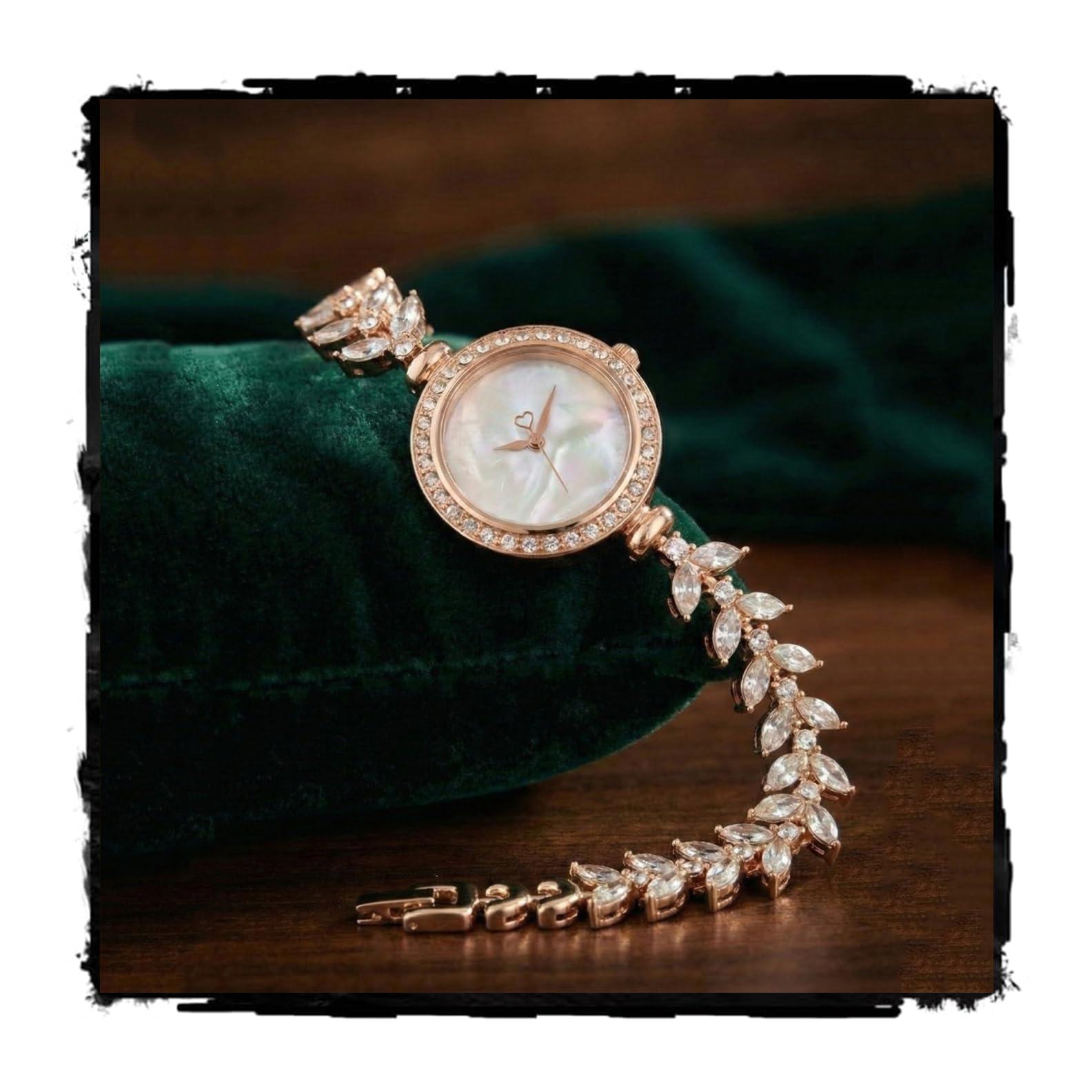 styledose Luxury Rose Gold Women’s Dress Watch – Mother of Pearl Dial with Rhinestone Bezel – Elegant Marquise Crystal Leaf Bracelet Watch for Ladies – Analog Quartz Jewelry Watch, Heart Detail Hands