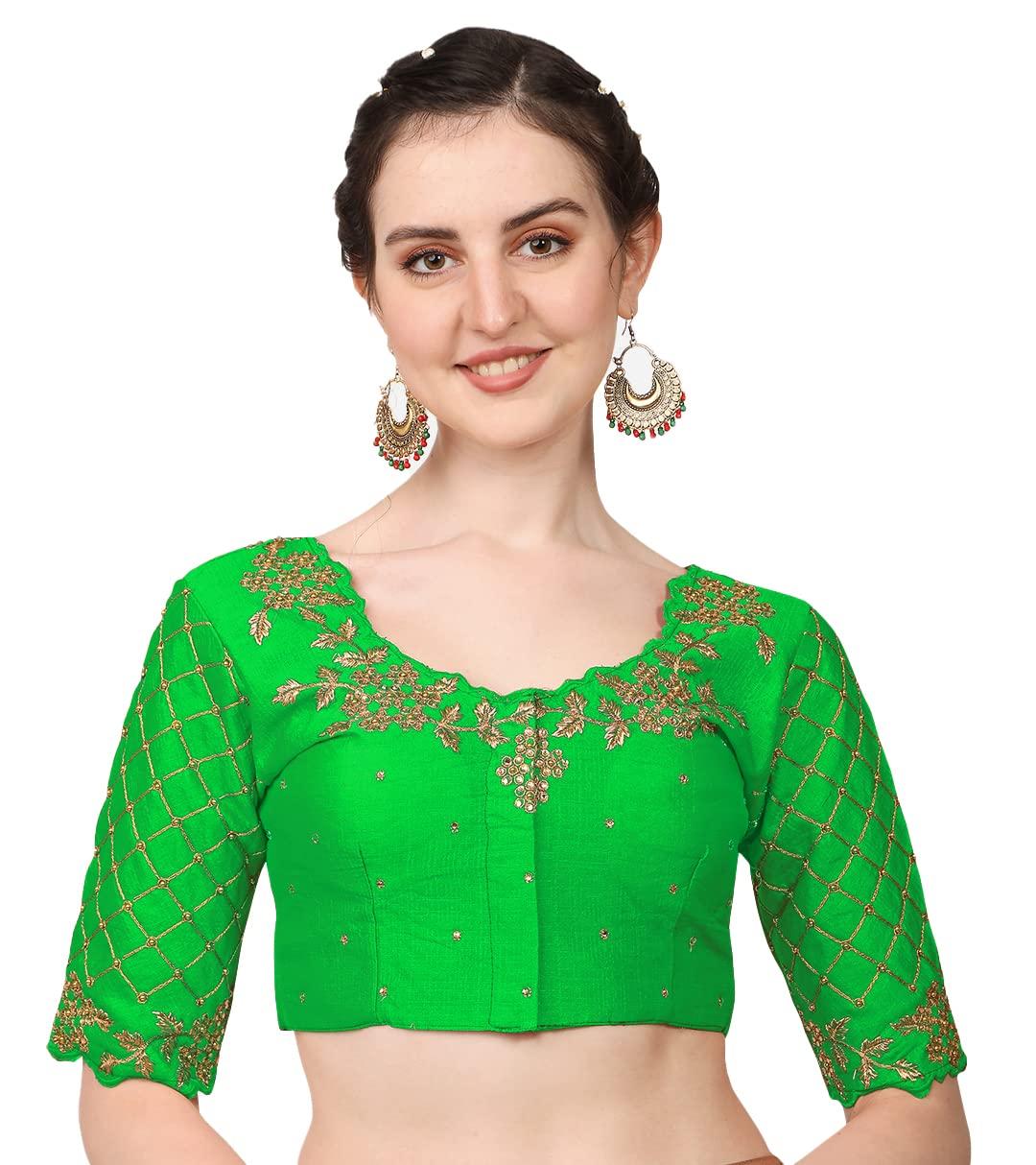 Pujia Mills Women's Embroidery Handwork, Rough Cut Work Stone Work Readymade Blouse (34, Parrot)