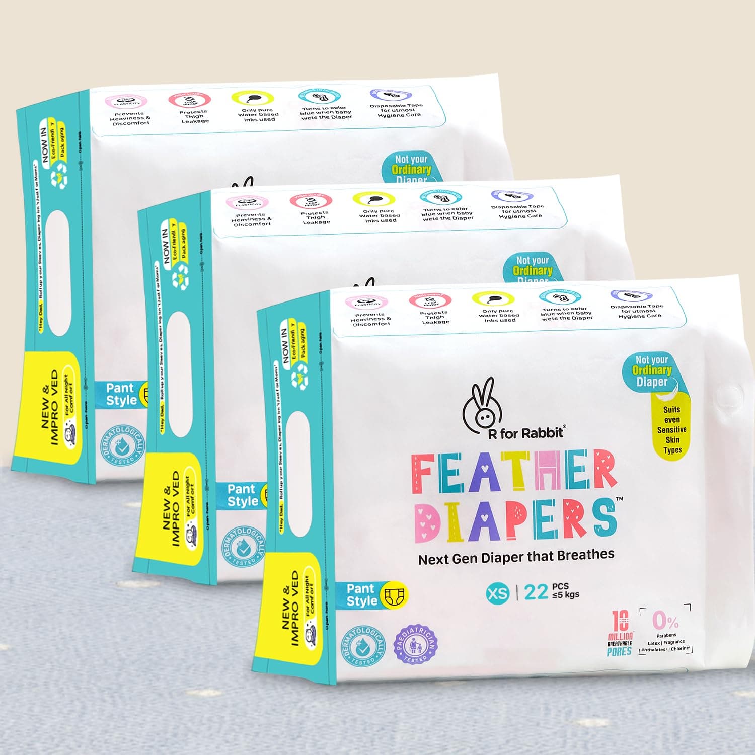 R for Rabbit Pant Style Feather Diaper XS Newborn (NB) Size for Baby 0 to 5 kgs 66 Units (22 Count, Combo Pack Of 3)