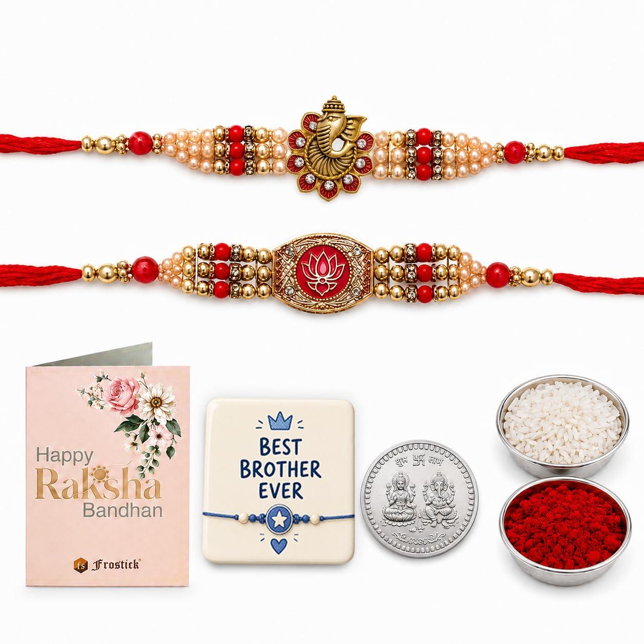 Aurachi Rakhi Gift Set for Brother with 2 Lotus & Ganesh ji Designer Rakhis, Traditional Roli Chawal and Greeting Card With Fridge Magnets| Cute Raksha Bandhan Rakhi Combo for Kids and Boys