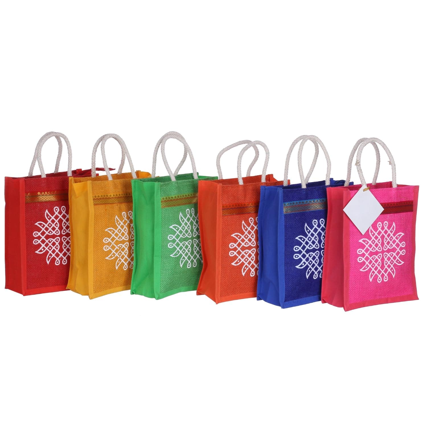 SAINIK'S - ACCESS TO QUALITY Jute Bags with Contrast Kolam Print for Return Gifts | Jute Thamboolam Bags for Return Gifts | Wedding Return Gifts Jute bag -25X20X10 CM (Pack of 12)(Multicolor)