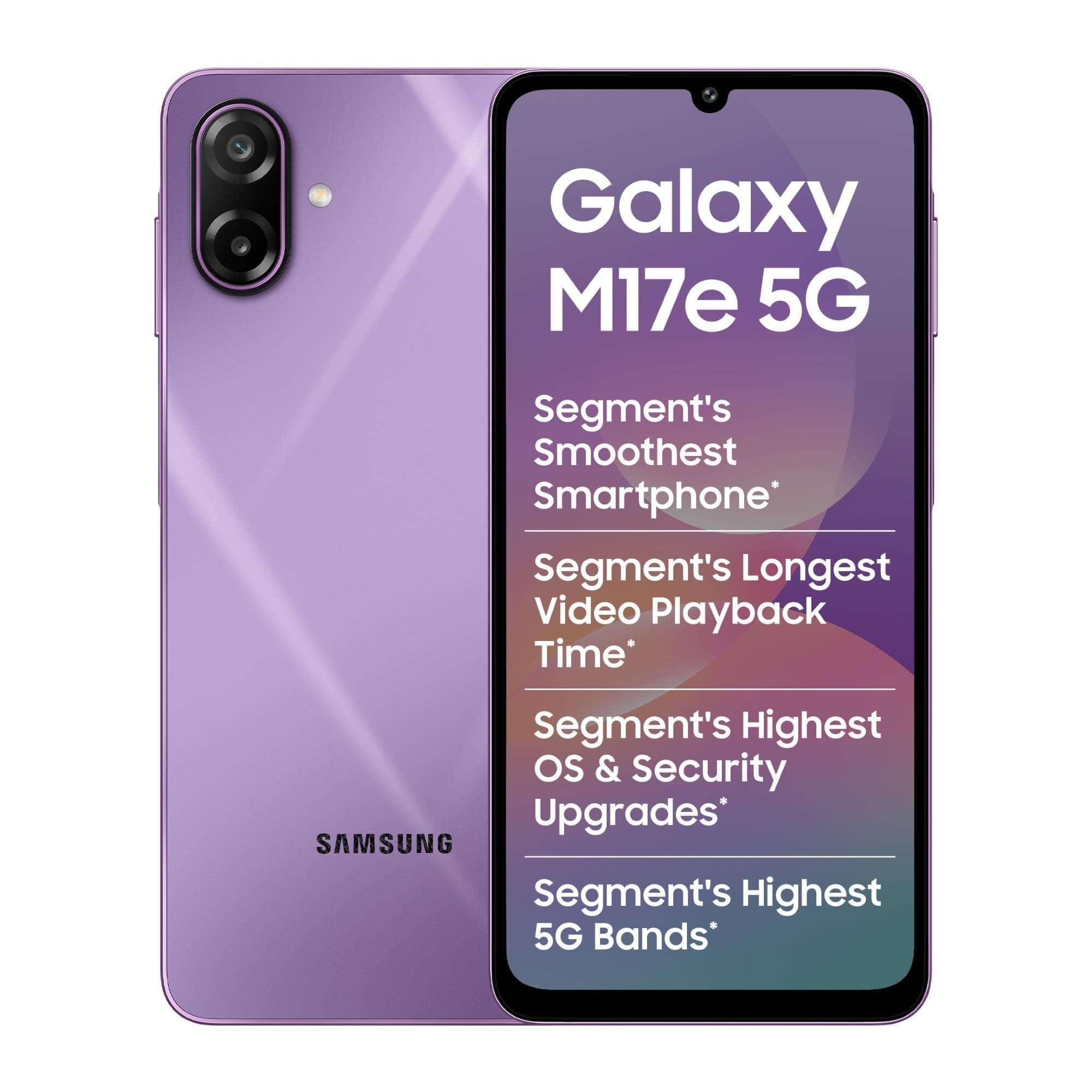 Samsung Galaxy M17e 5G Mobile (Vibe Violet, 4GB RAM, 128GB Storage) | Smoothest 120 Hz Refresh Rate| Monster 6000 mAh Battery | IP54 | 6 Gen OS Upgrades | AI | Gemini Live | Without Charger