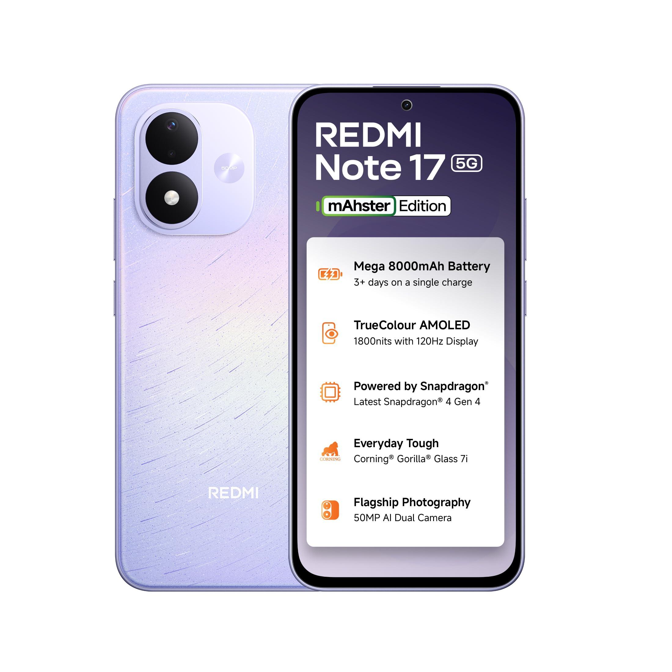 Redmi Note 17 5G (Starlight Purple, 8GB RAM, 128GB ROM) | 8000mAh Battery + 45W Fast Charging | 6.99" TrueColour AMOLED | Snapdragon 4 Gen 4 | 50MP Dual AI Camera | Corning® Gorilla® Glass 7i | IP65