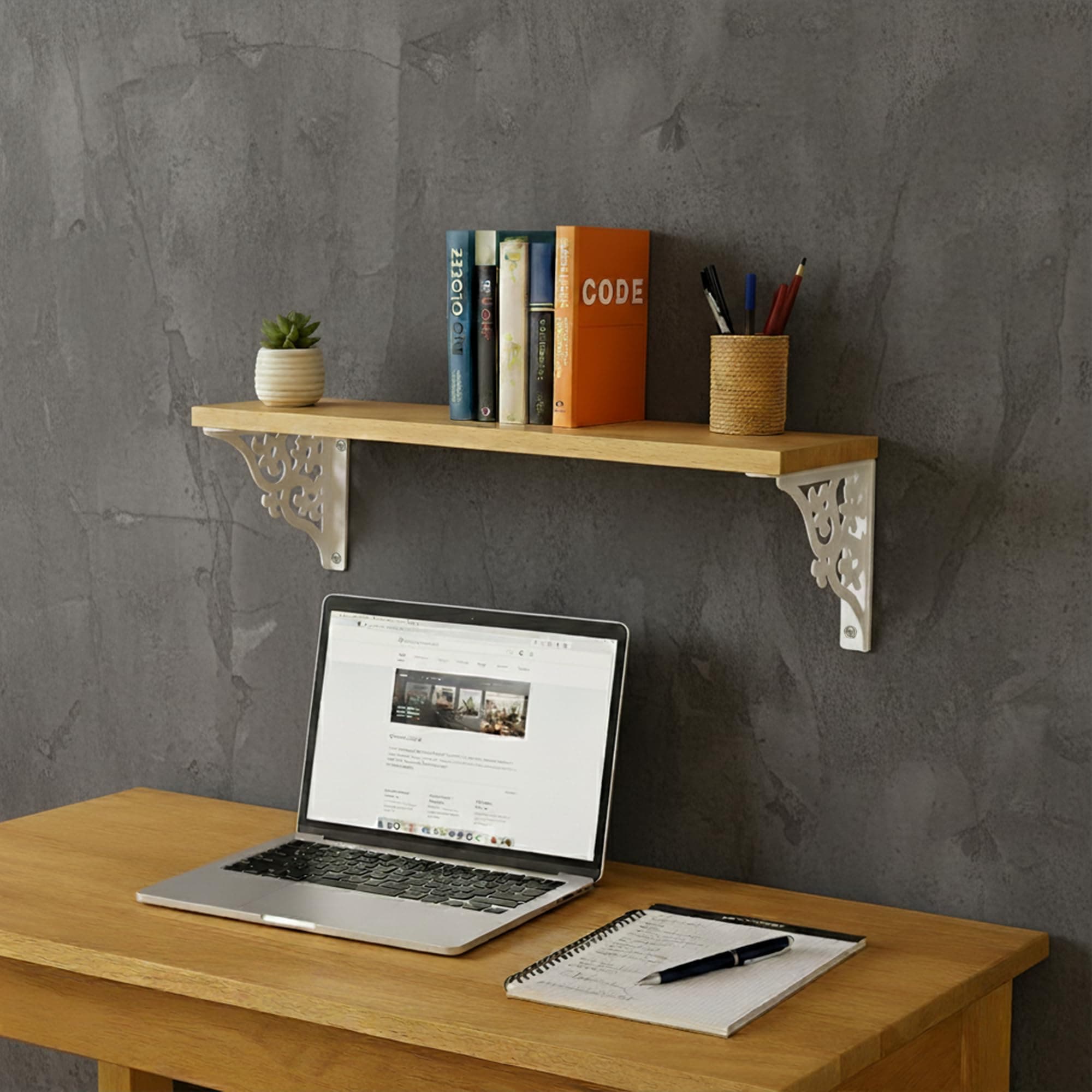 Djuize Wall Shelf with Wooden Top Black|White Iron Brackets Storage Rack|Industrial Wall-Mounted Floating Shelf for Living Room,Kitchen,Bathroom (White Triple Floral Large)