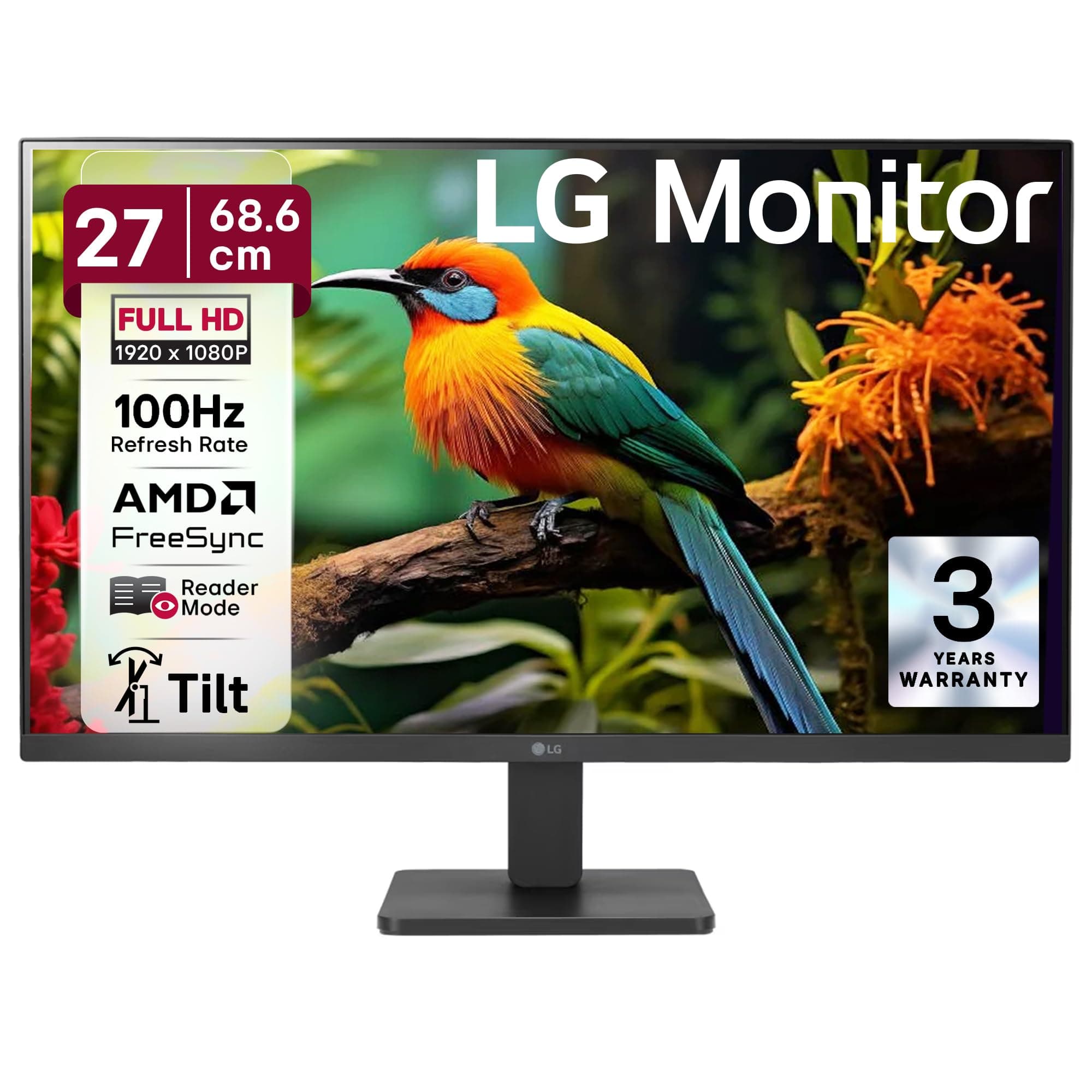 LG 27MR400 68.6 cm (27 Inch) FHD (1920x1080) IPS PC Monitor with 100Hz, 5ms (GtG), Flicker Safe & Reader Mode, AMD FreeSync, D-Sub, HDMI, Tilt Adjustable, 3-Side Virtually Borderless Design (Black)