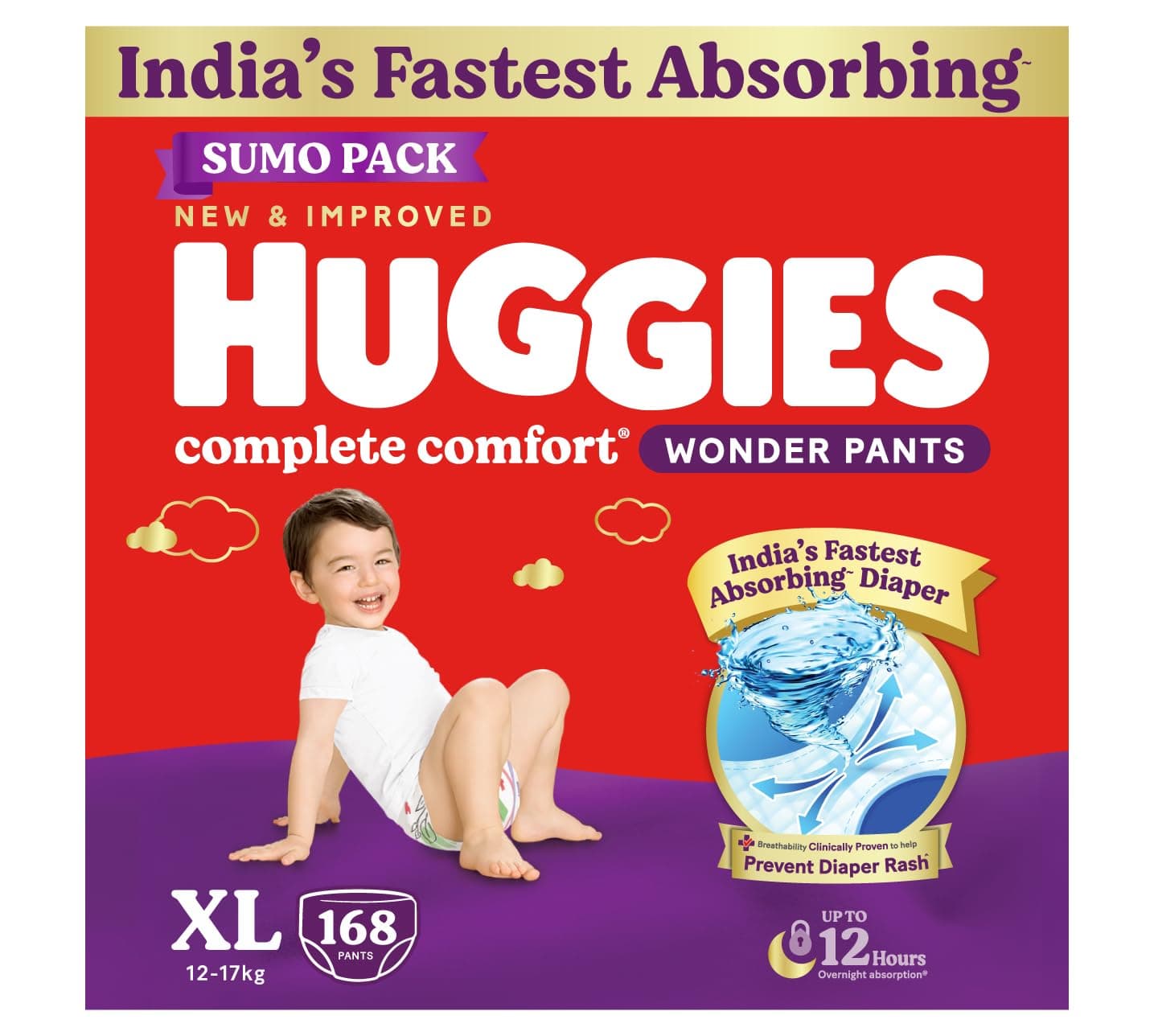 Huggies Complete Comfort Wonder Pants | Pant Style Baby Diapers Extra Large Size (XL), 168 Count | India's Fastest Absorbing Diaper, Prevents Diaper Rash, Ideal for 12 to 17 Kgs (56 Count, Pack of 3)