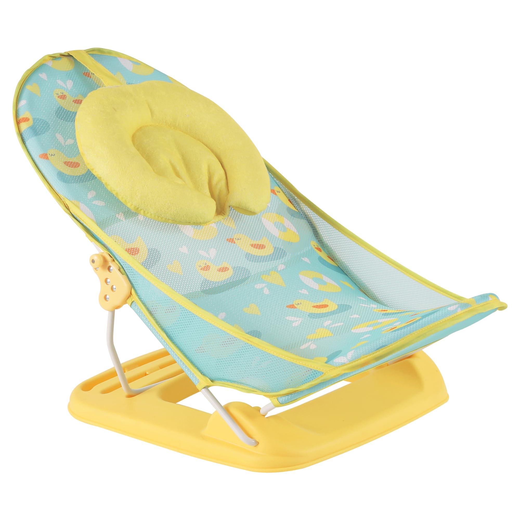 Nuluv Premium Baby Bather | Bath Chair for Newborn and Infants 0-3 Months | Foldable | 3 Position Adjustable Chair | Anti Skid Base | Washable Soft Mesh Seat | for Babies Upto 5Kg (Sunshine)