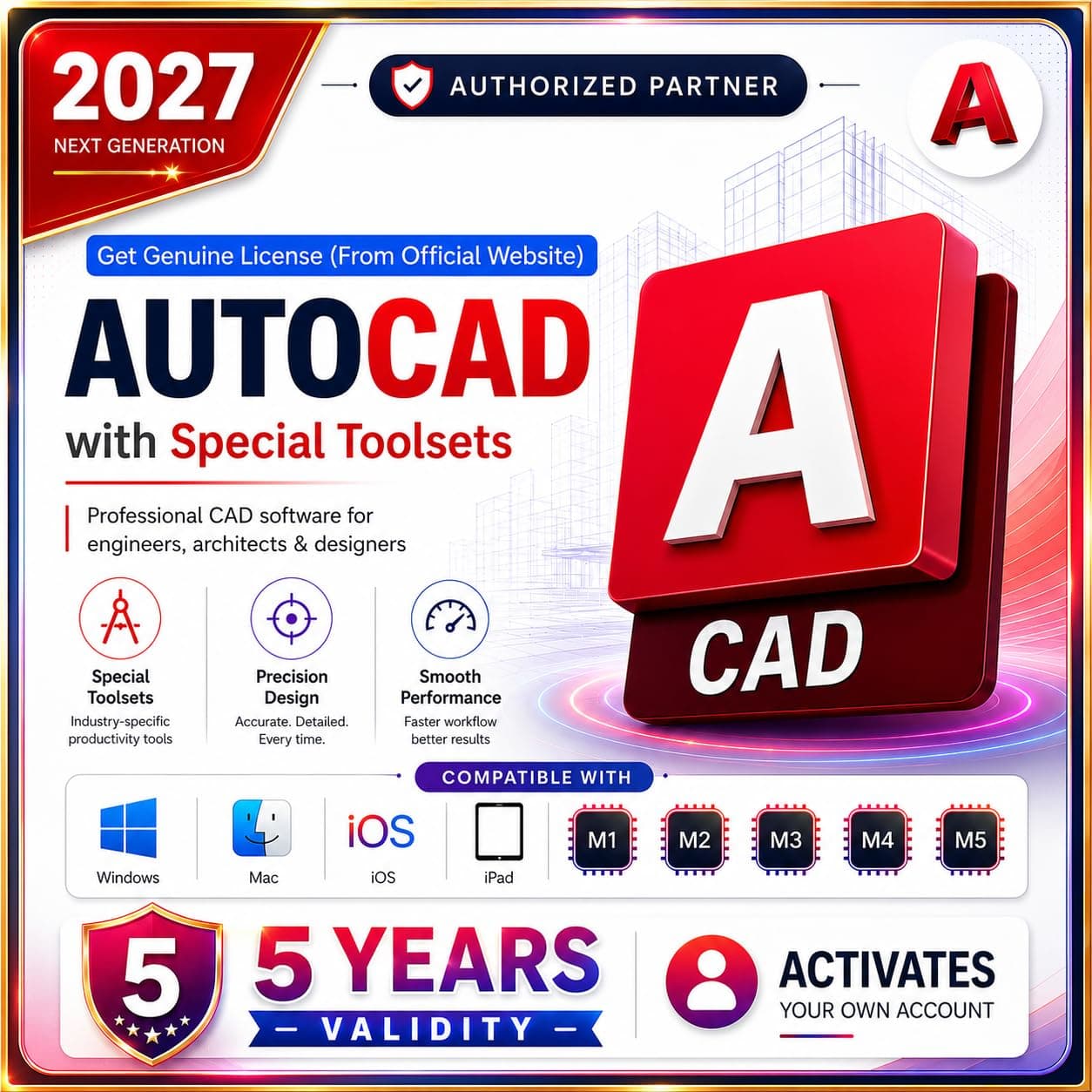 AutoCAD (Authorized Partner) 5 Years Valid till 2031-32 (NO-CRACK) 100% Genuine License Worldwide Activation 5 Years Subscription (3 Users/ 3 Devices) (For Windows, MacOS, Android, iOS, M1, M2, M3, M4, M5) (INCLUDES 80+ Specialized Toolsets, architecture, engineering, Agriculture & more.)