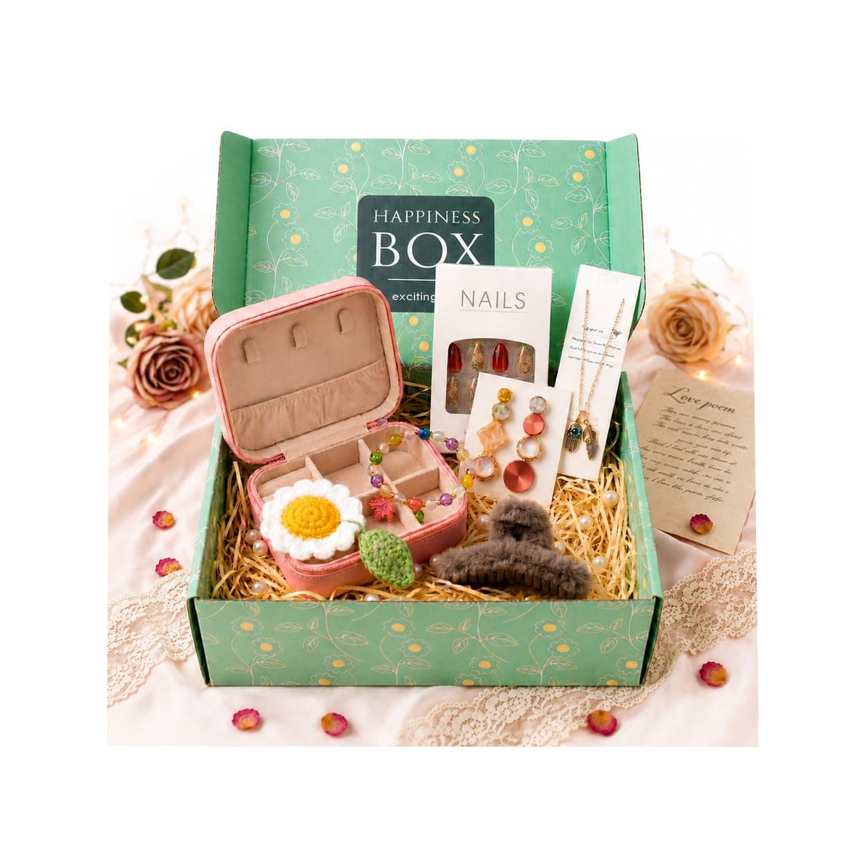 Rakhi Fashion Hamper For Women - Pink PU Leather Travel Jewelry Case Gift Set for Women, Necklace, Hair Claw, Press On Nails, Floral Crochet Keepsake Box for Girlfriend, Sister, Behen, Sis