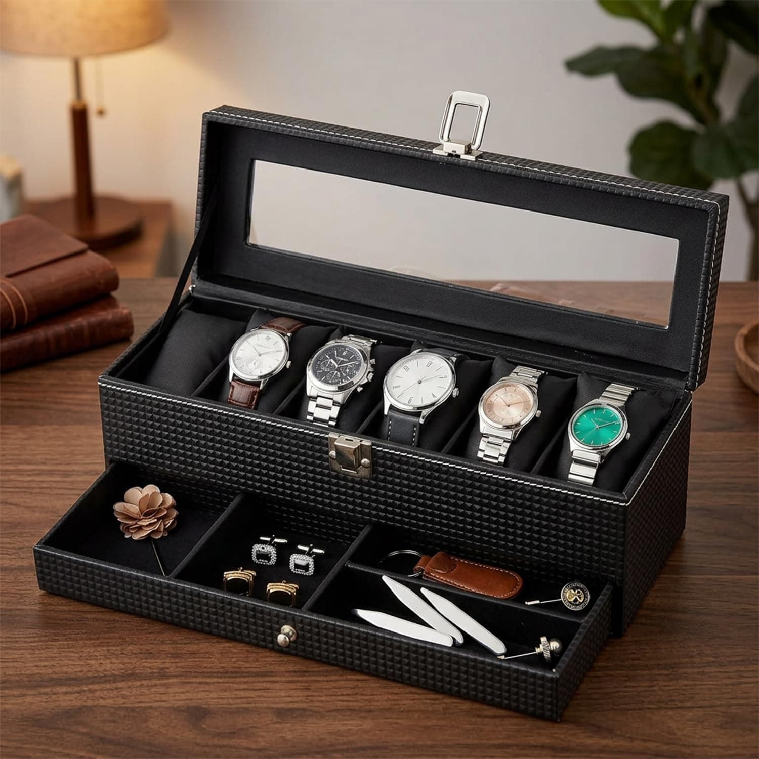 Amazon Basics Sliding Drawer 6-Slot Watch and Jewelry Organizer – Faux Leather & MDF Storage Box for Men and Women, Black