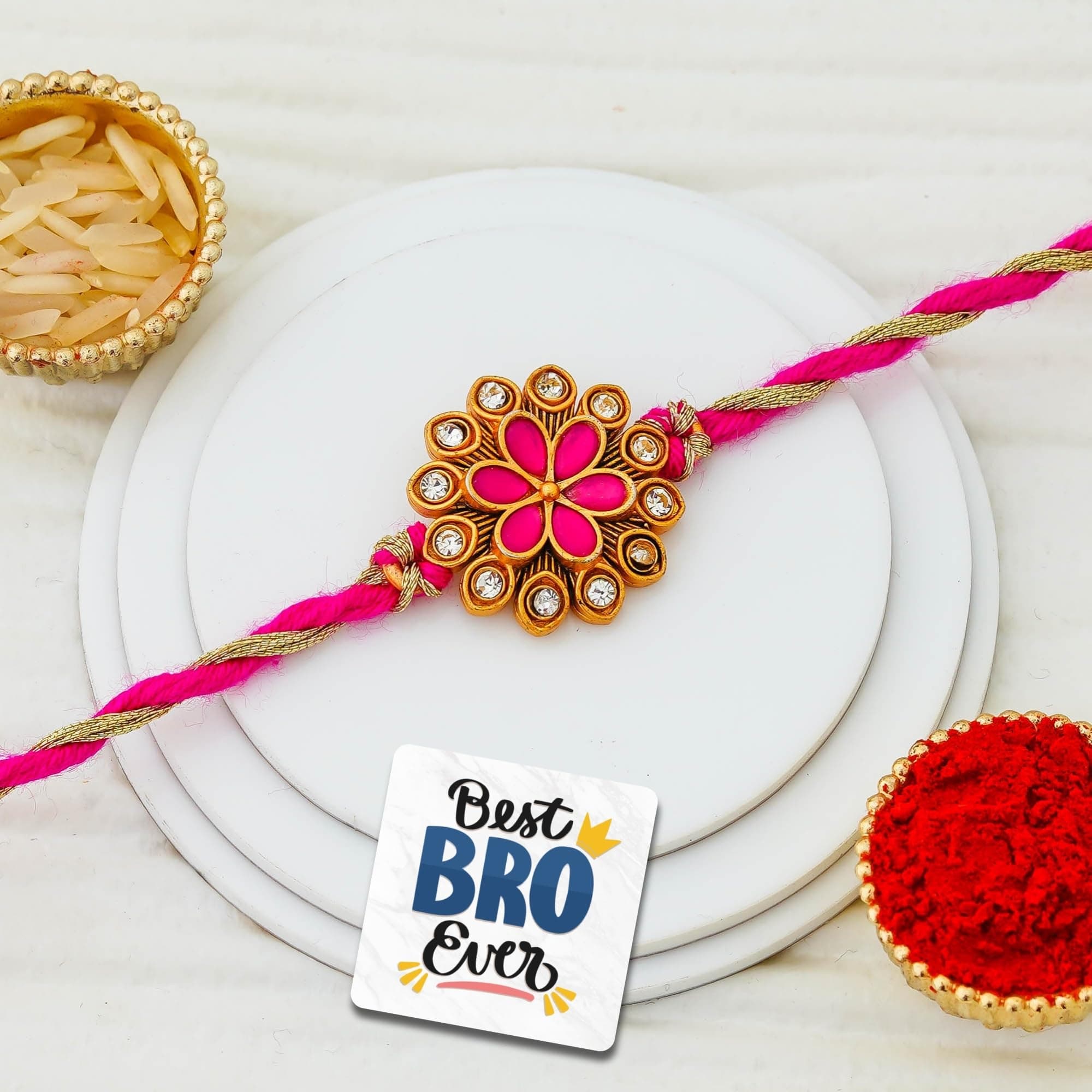 eCraftIndia Beautiful Golden Pink Flower Designer Rakhi for Brother with Gift Combo Set | Raksha Bandhan Rakhi for Bhaiya Bhabhi Bhai Kids | Best Bro Ever Fridge Magnet | Roli Chawal Pack
