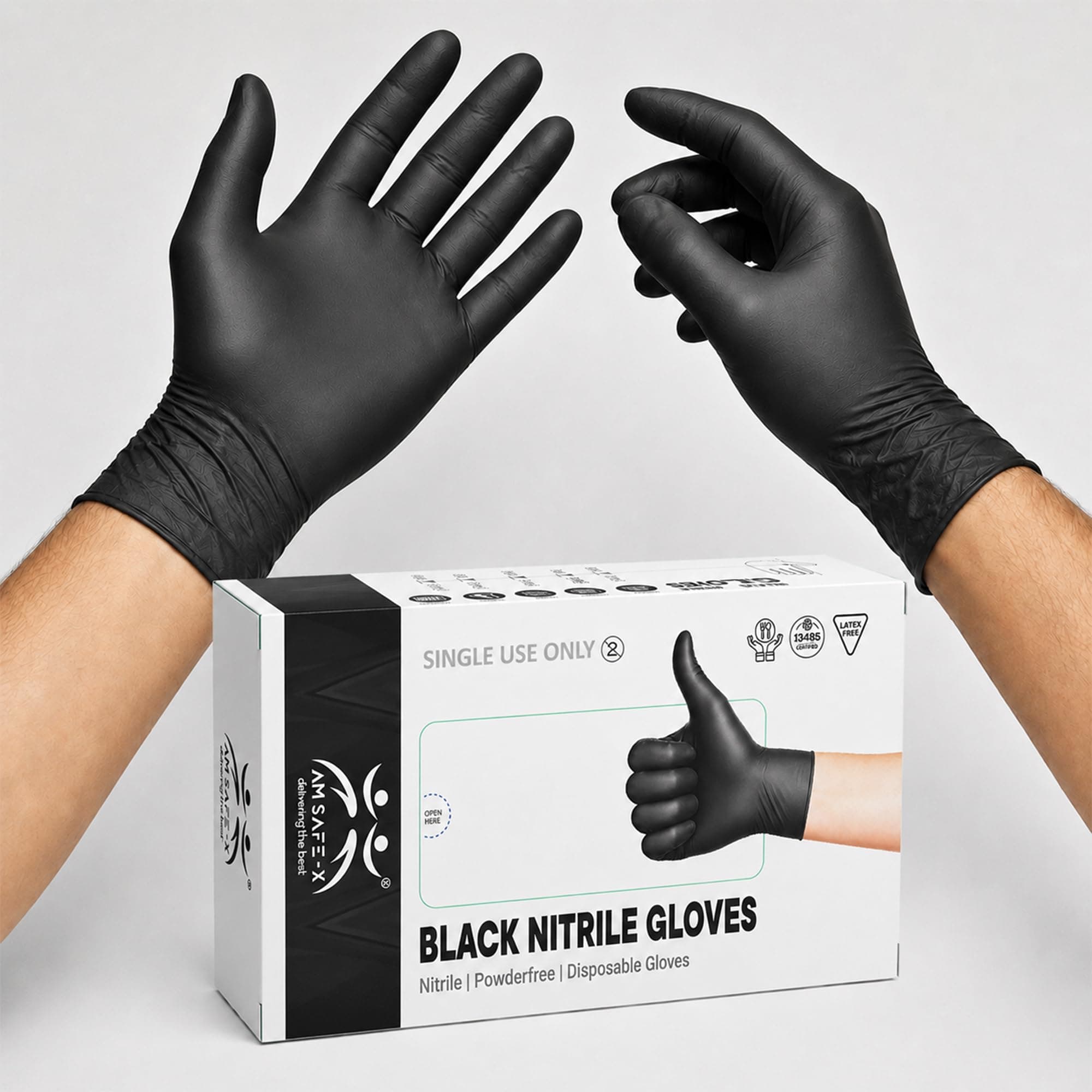 AM SAFE-X Powder Free Black Nitrile Hand Gloves 100pcs Large | Food Grade Heavy Duty Disposable Gloves | Textured Grip| Single Use | Cleaning, Kitchen, Tattoo, Salon, Automotive & Examination Gloves