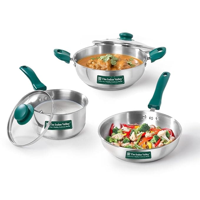 The Indus Valley Stainless Steel Impact Bonded Bottom Cookware Set of 5 | Kadai 22cm with Glass Lid + Fry Pan 22cm + Saucepan 16cm with Glass Lid | Green Handles | Induction Compatible