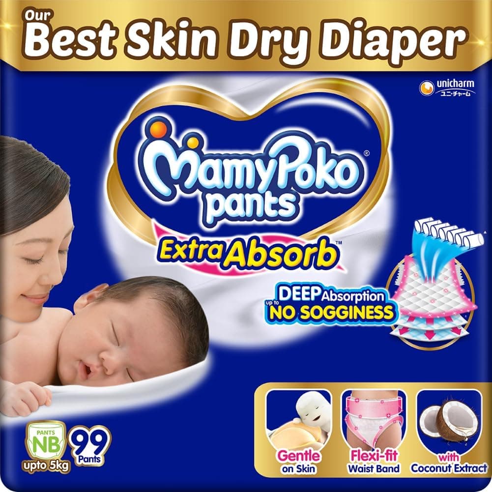 MamyPoko Pants Extra Absorb Baby Diapers, New Born/X-Small | 0-5 kg | 99 Count |Deep Sleep Diapers| Soft Gentle fit |Deep Absorbent Crisscross | Skin Friendly with Coconut Oil |