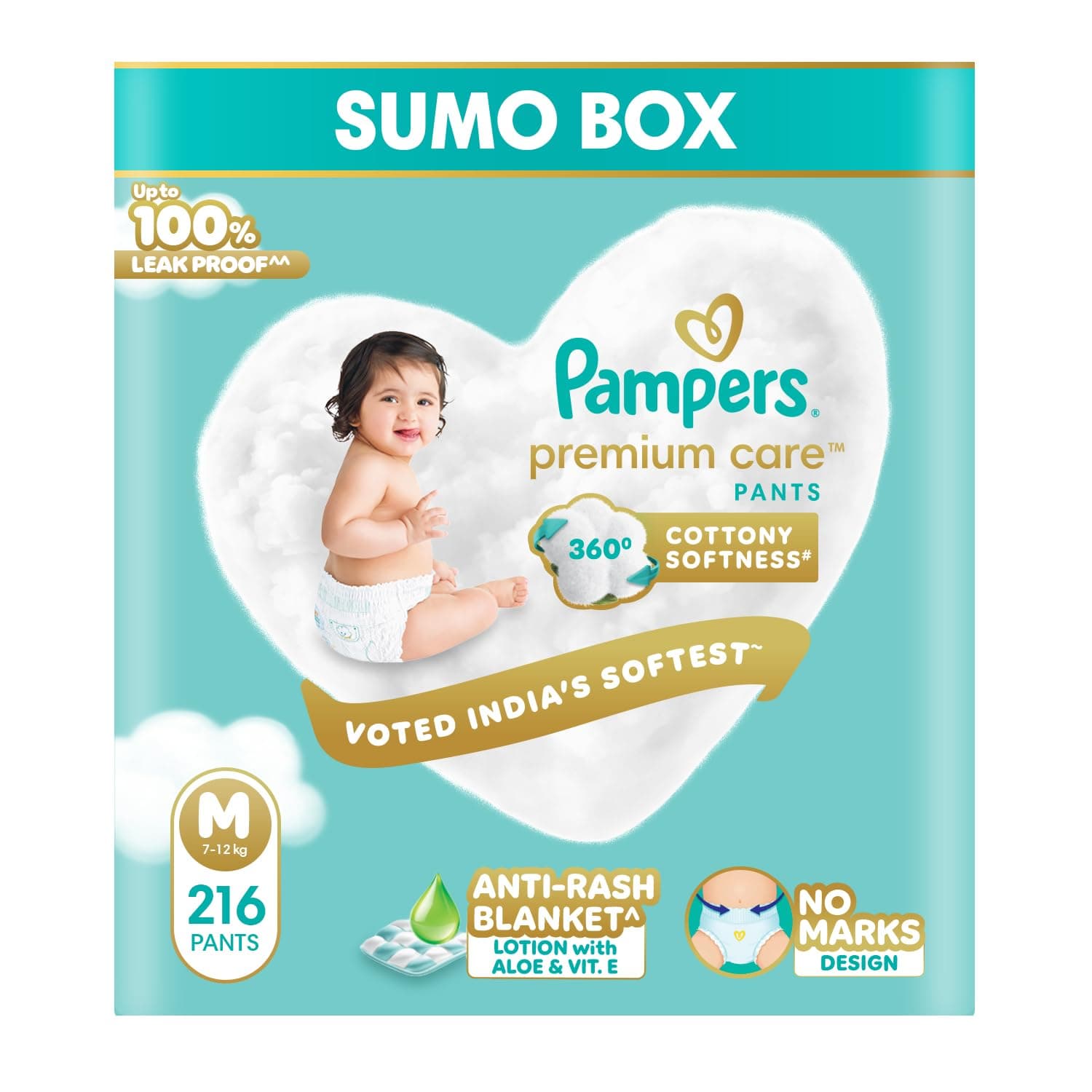 Pampers Premium Care Pant Style Baby Diapers M 216 Count | No Marks Design | Voted India’s #1 Softest Diaper | All in 1 diaper with 360 Cottony Softness