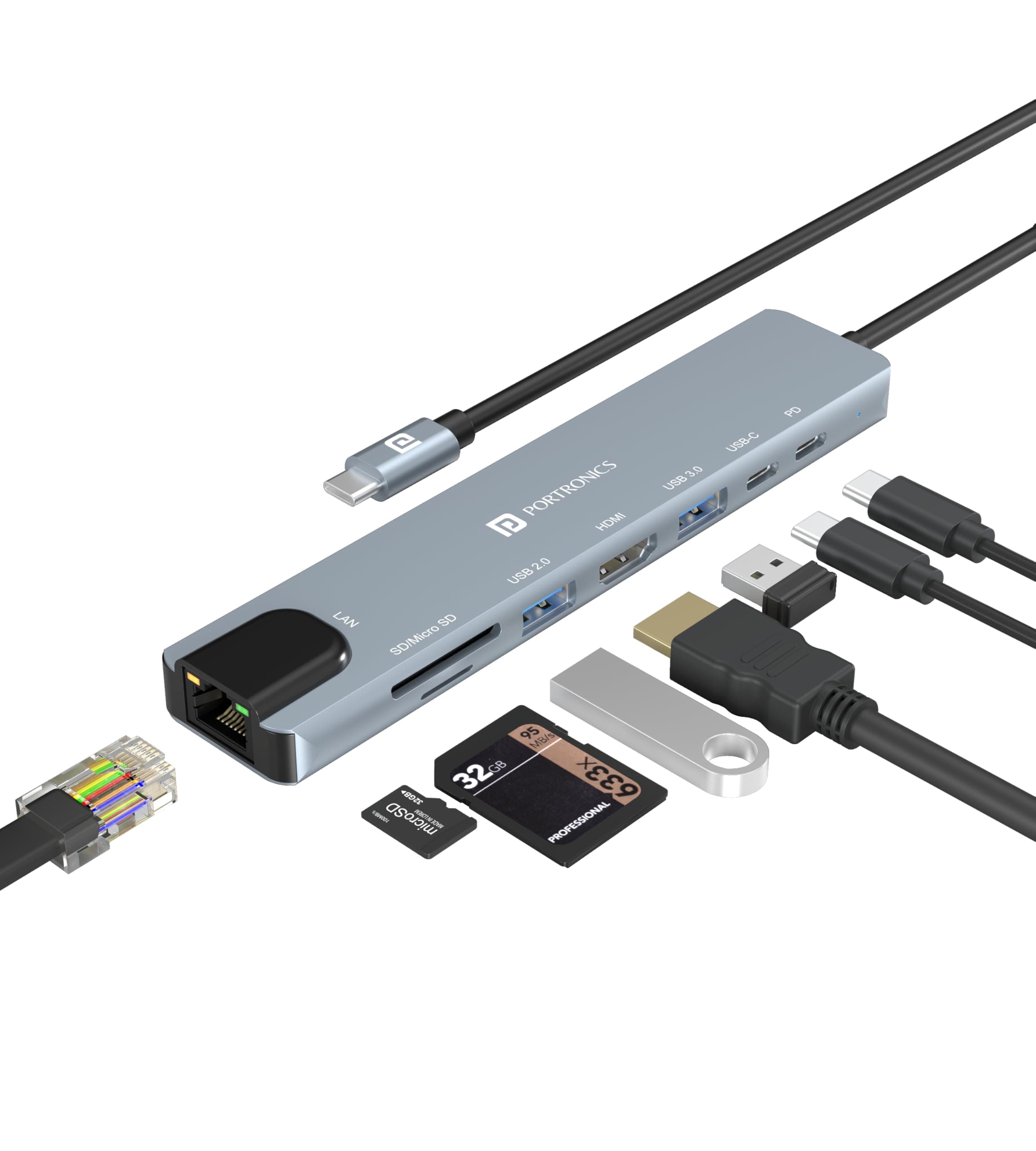 Portronics Mport 8 USB-C USB Hub/Docking Station(8-in-1) with 4K 30Hz HDMI, 100 Mbps Ethernet, USB 3.0, microSD/SD Card Reader, Type-C Data, PD Charging, USB 2.0, Type-C Plug for Laptop, Mac, PC