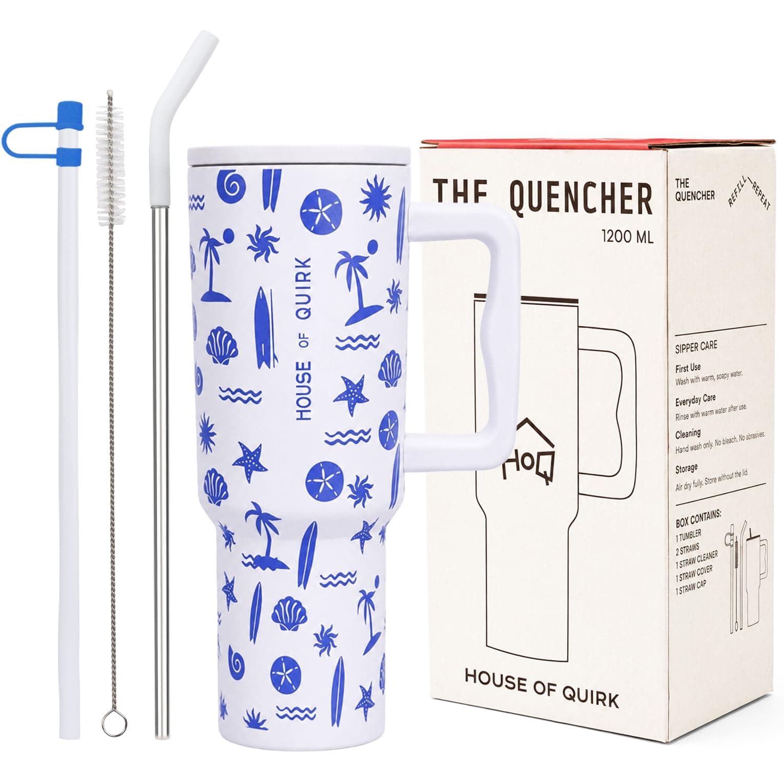 House of Quirk 1200ML Stainless Steel Tumbler with Handle & Lid, 2 Straws – Large Travel Mug Water Cup for Gym, Office & Outdoor Use (Seanova)