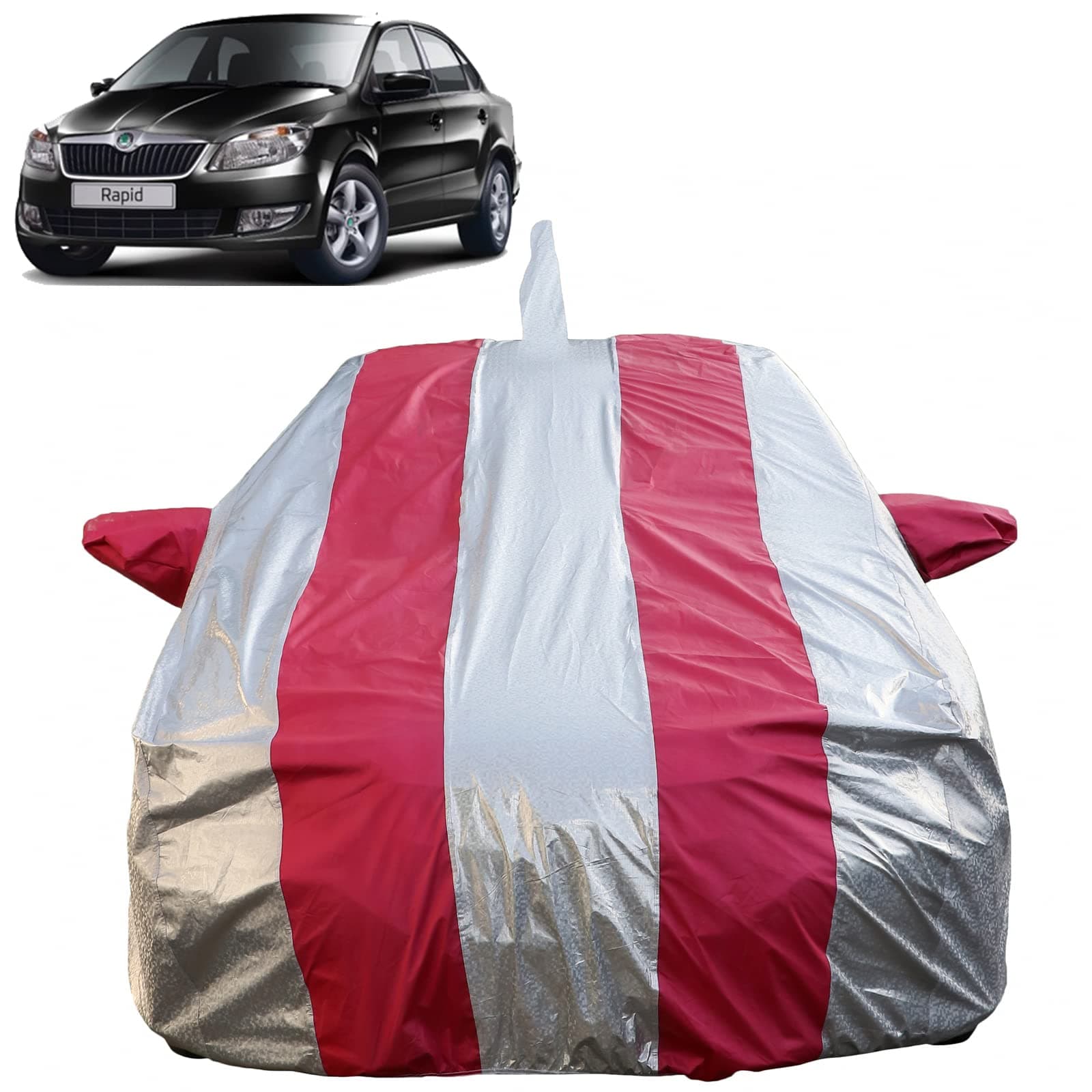 Autofact Waterproof Car Body Cover Compatible with Skoda Rapid (2011 to 2022) with Mirror and Antenna Pockets (Pink Stripes with Shinning Silver Fabric/Waterproof Cover)