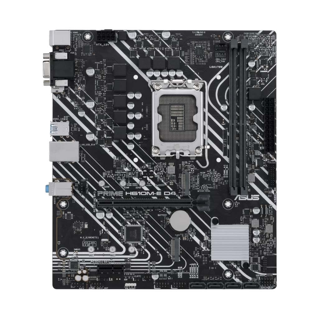 ASUS Prime H610M-E D4 Intel LGA 1700 mic-ATX Motherboard with DDR4, PCIe 4.0, Dual M.2 Slots, Realtek 1 Gb Ethernet, DisplayPort, HDMI, D-Sub, USB 3.2 Gen 1 Ports, SATA 6 Gbps, COM Header, RGB Header