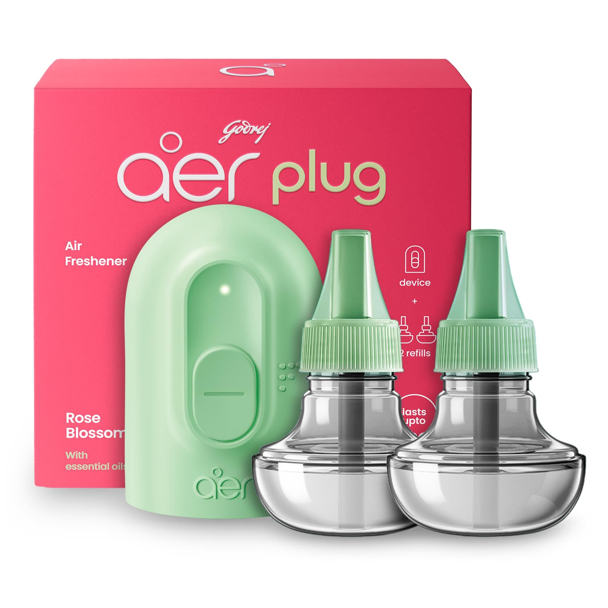 Godrej aer Plug Electric Air Freshener (Machine + 2 Refills (25ml each) | Rose Blossom | Lasts up to 120 days