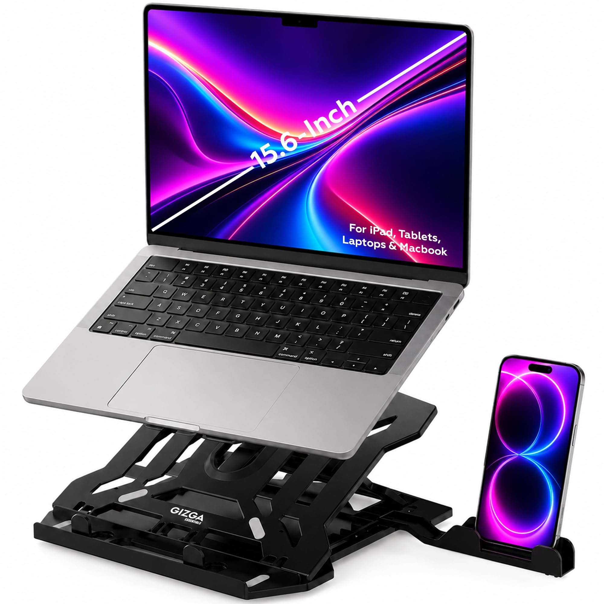 GIZGA Essentials Laptop Stand Riser for 12 to 15.6 Inch Laptop, MacBook, Tablet| Ergonomic Height/Angle Adjustable Stand with Phone Holder, Heat Dissipation, Anti-Slip Base, Portable Lightweight ABS