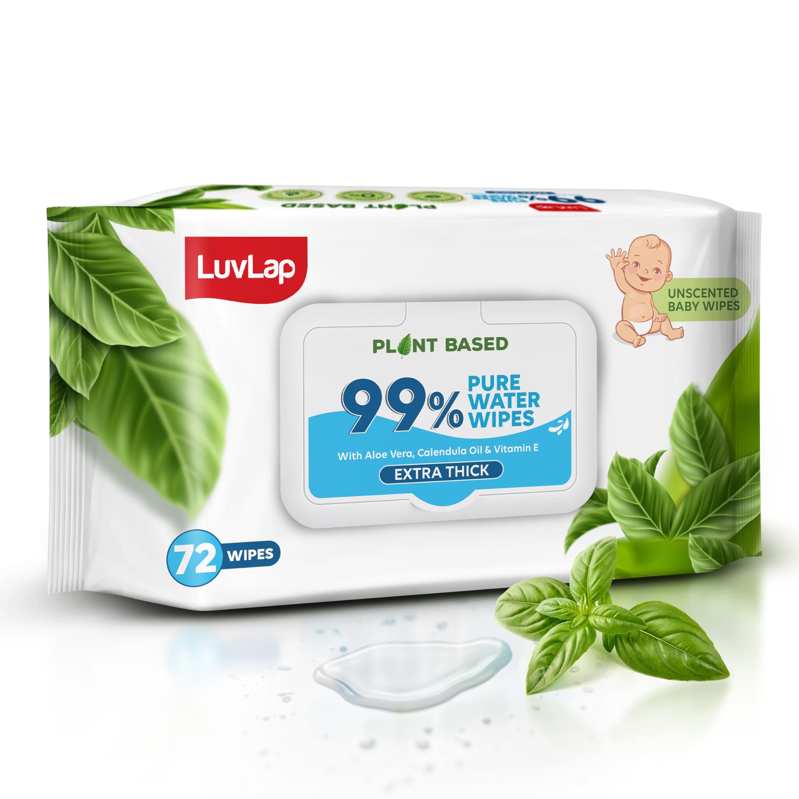 LuvLap Plant Based 99% Pure Water Extra Thick Unscented Baby Wipes, 72s, with Aloe Vera & Vitamin E, pH Balanced, Paraben Free, Ideal for Delicate Skin, Dermatologically Tested