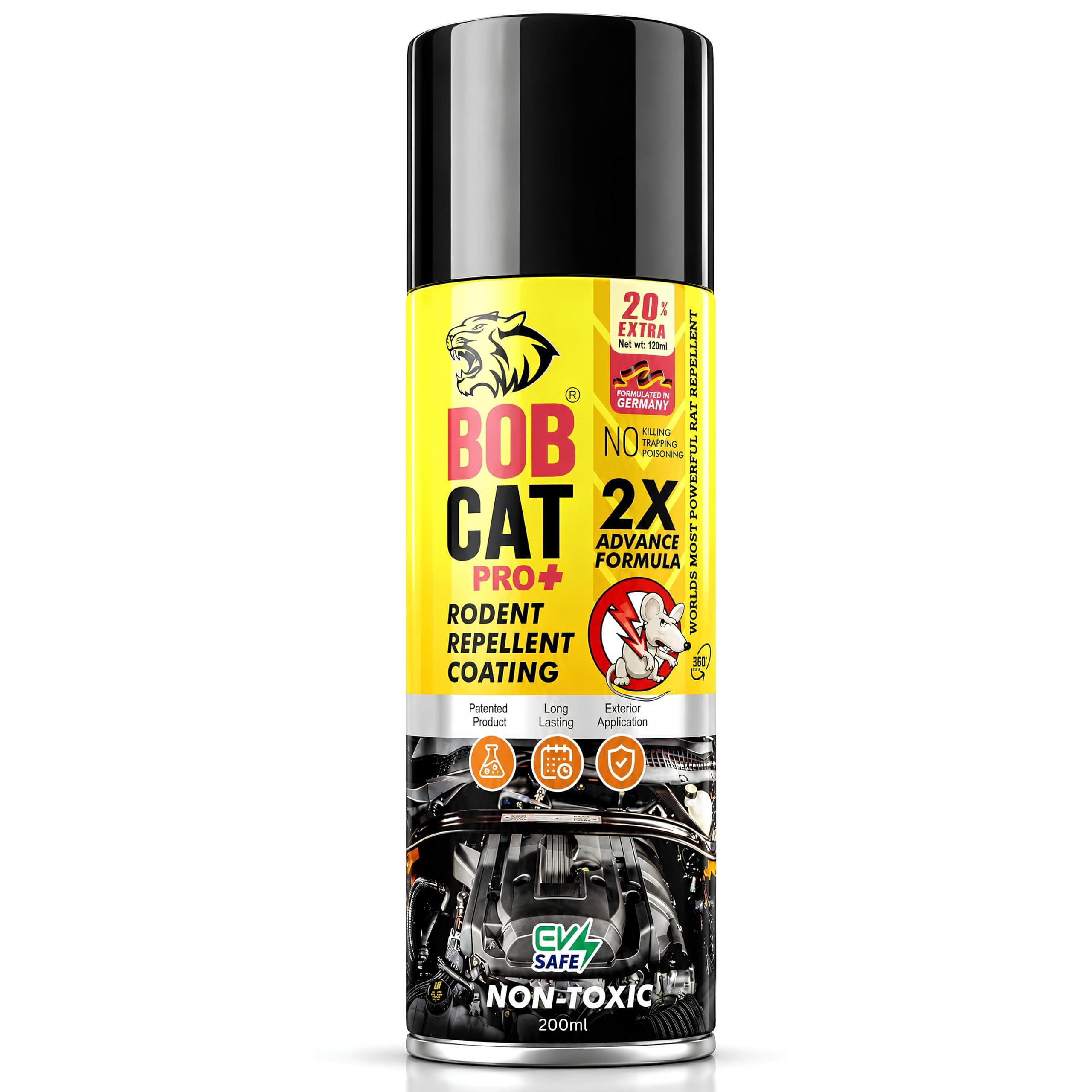 BOB CAT Highly Effective No Entry Rat Repellent Spray for Cars | Rodent Spray | Anti Rat | 2X Advance Formula | Rat Away From Home, Garage, Vehicles | Pack of 1 (Black, 200 ml) - FORMULATION 10X