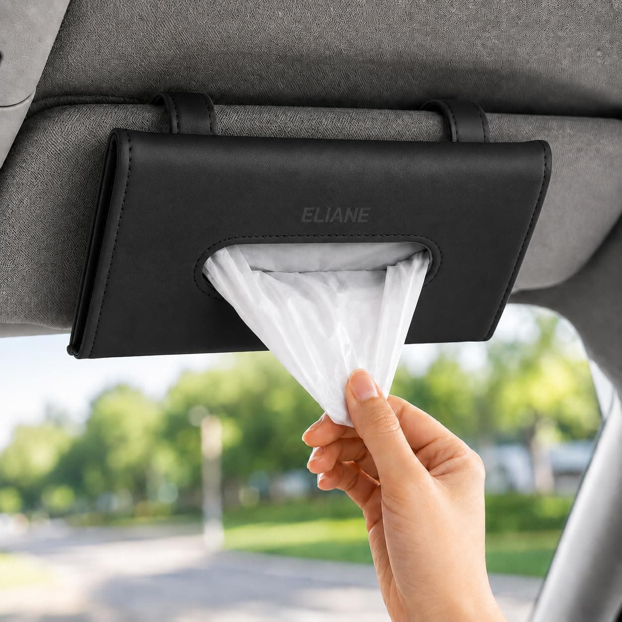 Eliane Car Tissue Holder Sun Visor Napkin for Upgraded Version Hanging Premium PU Leather Universal Auto Easy Use Mask Dispenser Box with Refill (Black, 1 Pcs)
