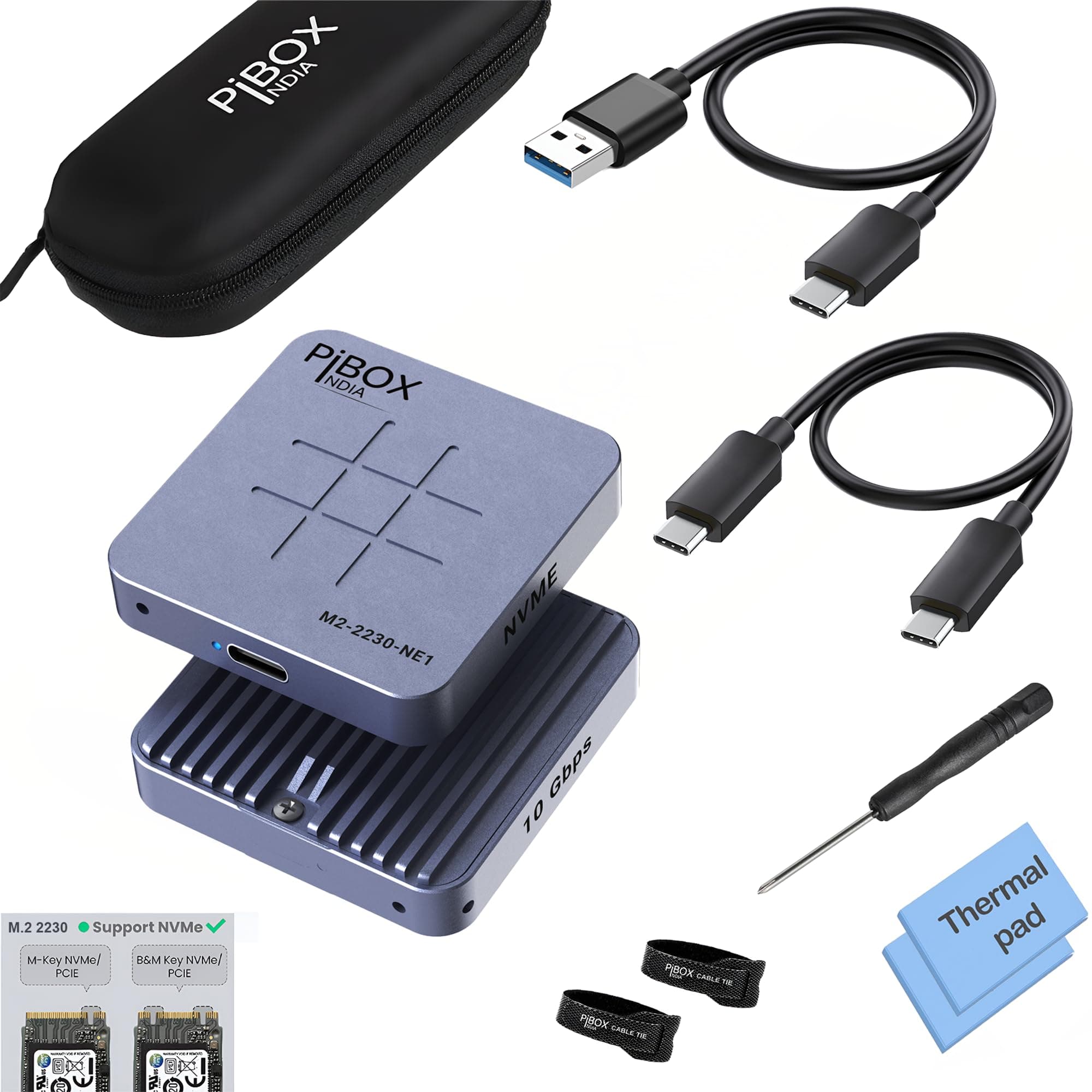 M.2 2230 NVMe SSD Enclosure, PiBOX India, 10Gbps USB 3.2 Gen 2, REALTEK RTL9210 Chipset, CNC Aluminum Cooling Fins, External NVMe Reader, USB-C Interface, M-Key B&M Key Compatible- M2-2230-NE1